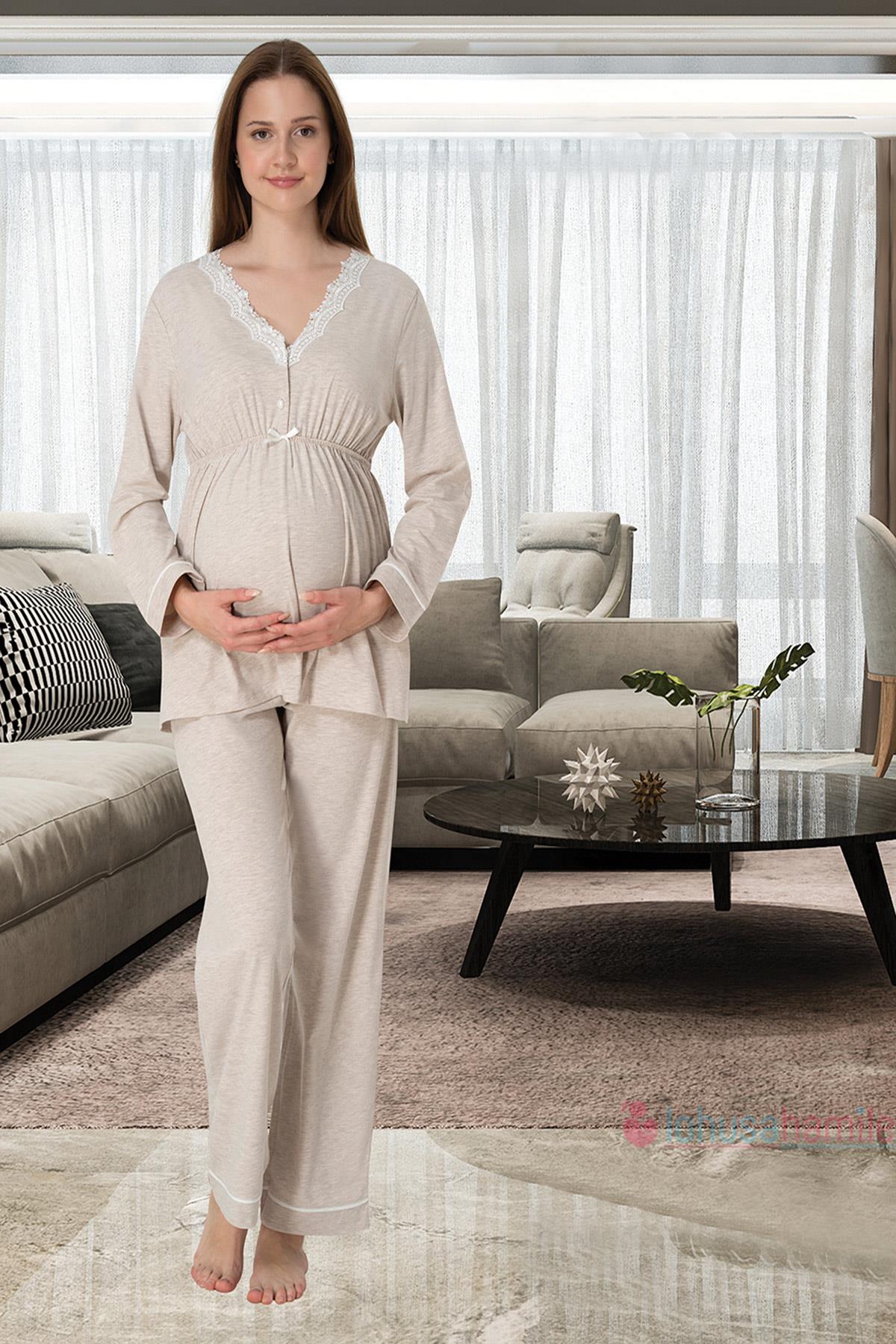 Effortt 3052 Bej Dantel Detaylı Lohusa Pijama Takımı