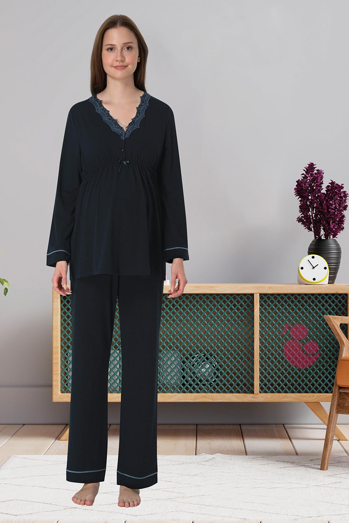 Effortt 3052 Lacivert Melanj Dantel Detaylı Lohusa Pijama Takımı