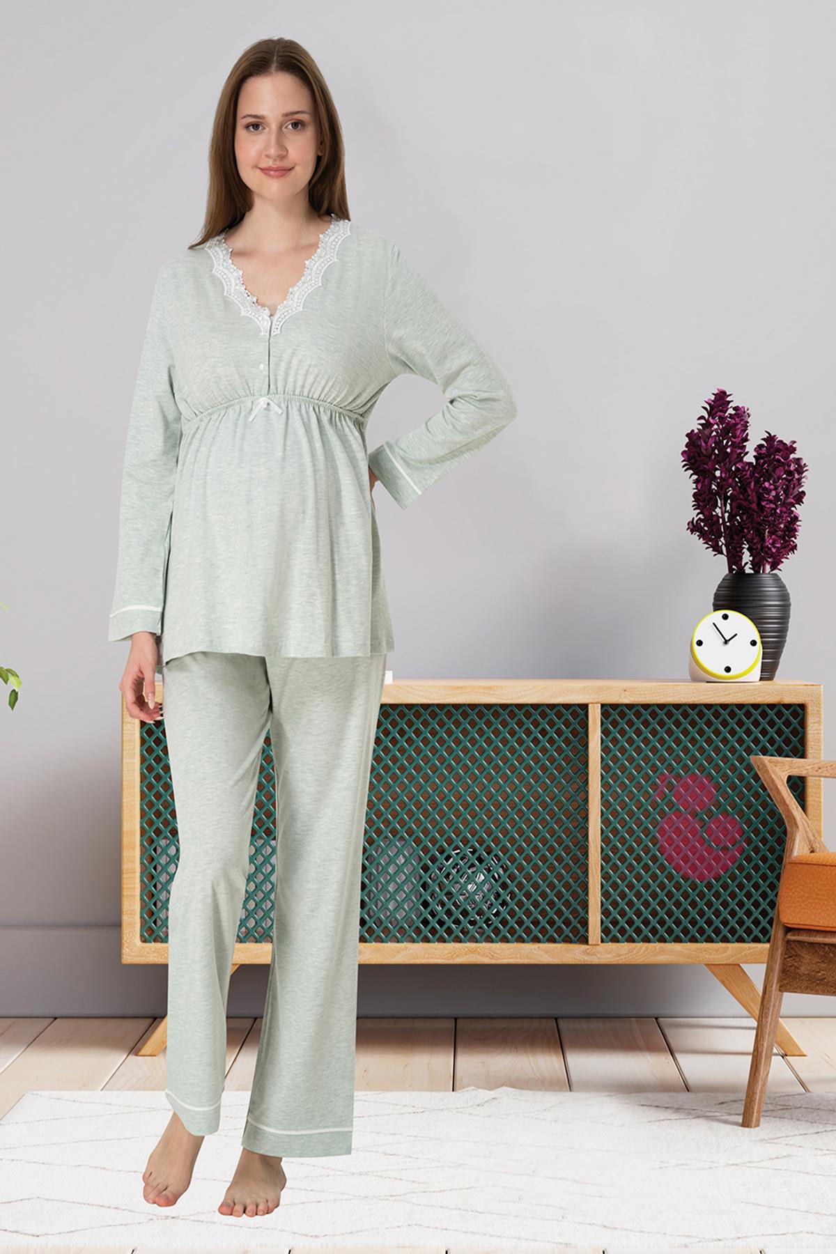 Effortt 3052 Yeşil Dantel Detaylı Lohusa Pijama Takımı