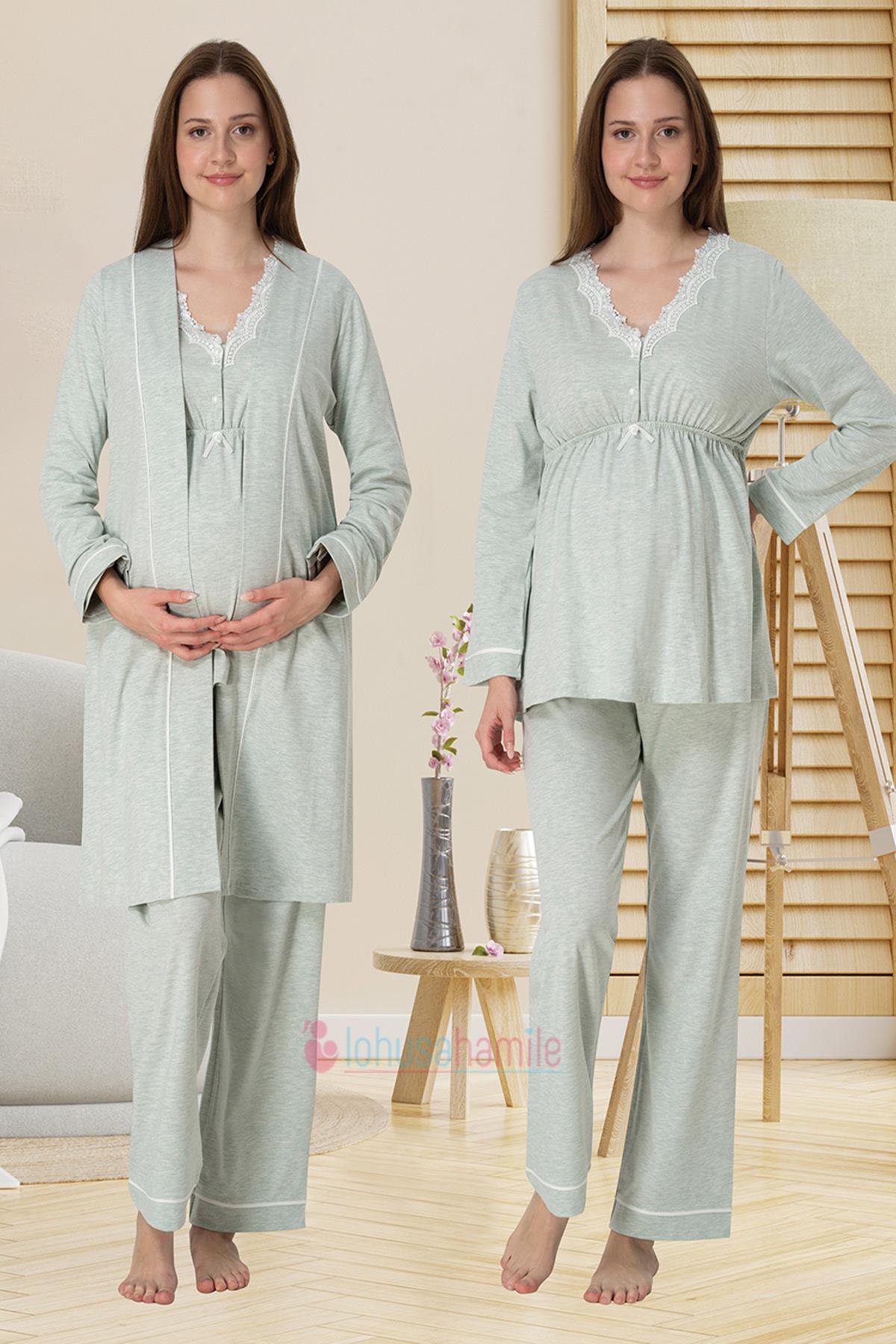 Effortt 3054 Yeşil Dantel Detaylı Sabahlıklı Lohusa Pijama Takımı