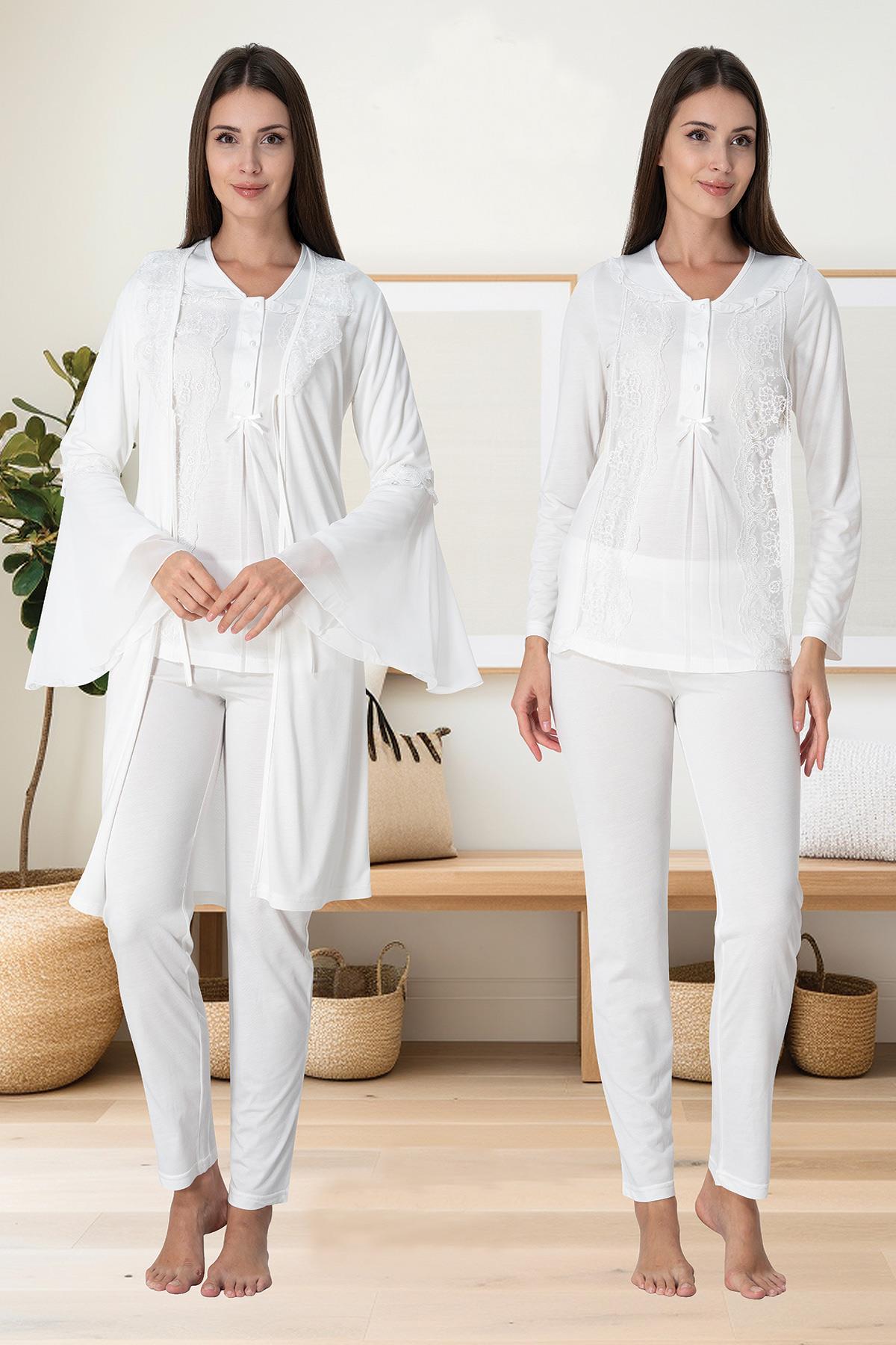 Effortt 3084 Ekru Yaka Detaylı Dantel Detaylı Sabahlıklı Lohusa Pijama Takımı