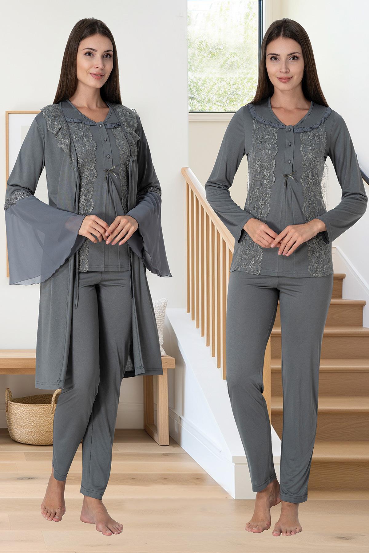 Effortt 3084 Füme Yaka Detaylı Dantel Detaylı Sabahlıklı Lohusa Pijama Takımı