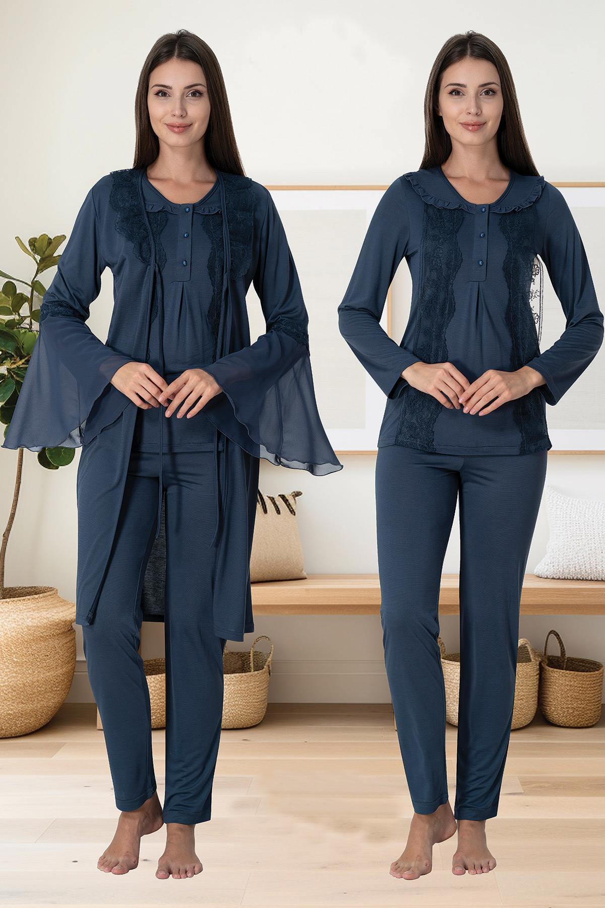 Effortt 3084 Lacivert Yaka Detaylı Dantel Detaylı Sabahlıklı Lohusa Pijama Takımı
