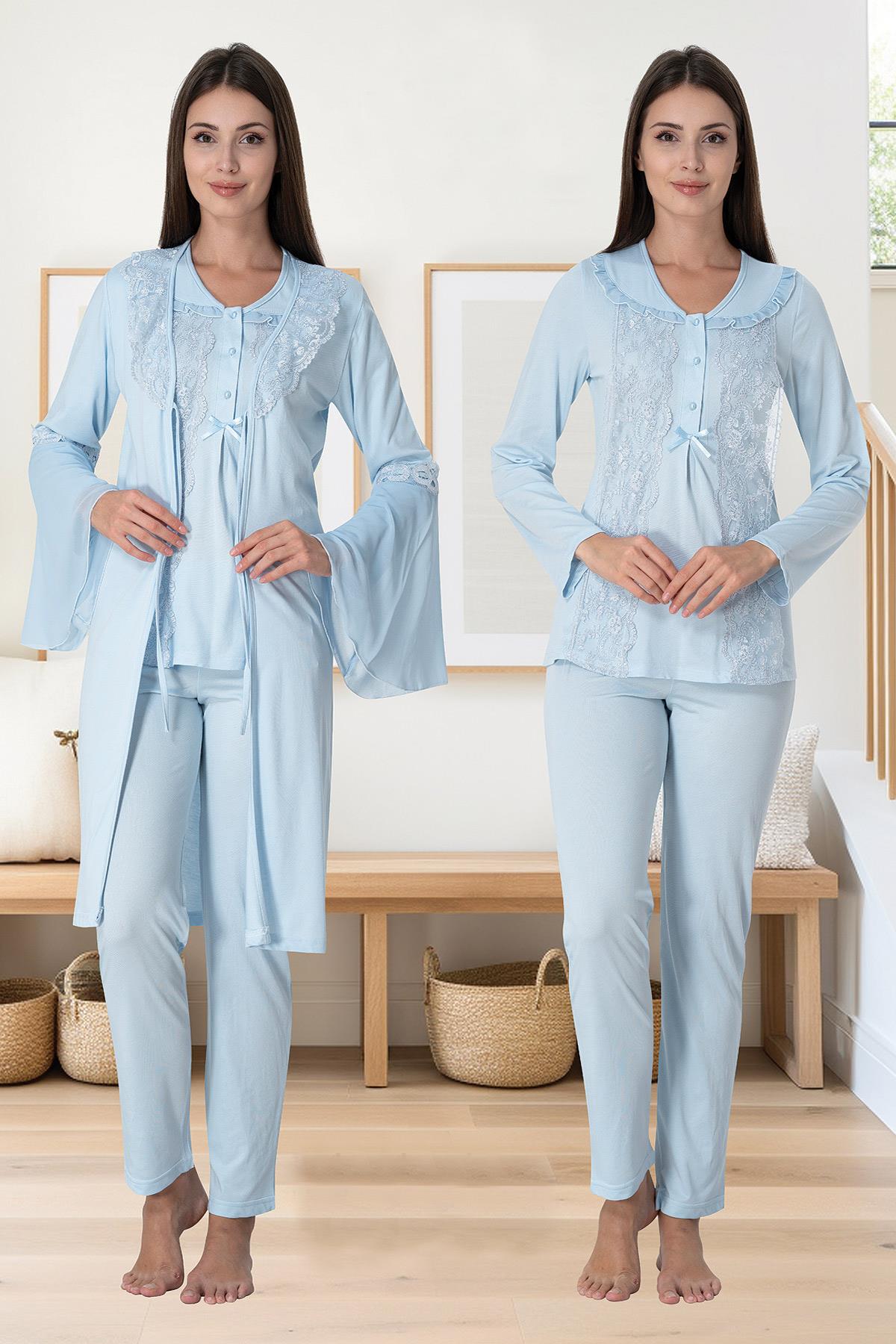 Effortt 3084 Mavi Yaka Detaylı Dantel Detaylı Sabahlıklı Lohusa Pijama Takımı