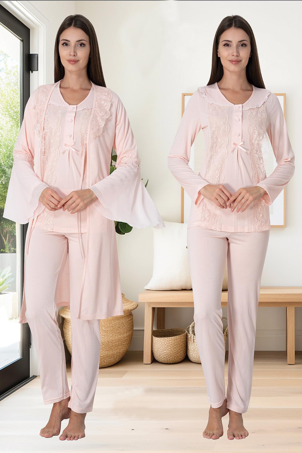 Effortt 3084 Somon Yaka Detaylı Dantel Detaylı Sabahlıklı Lohusa Pijama Takımı