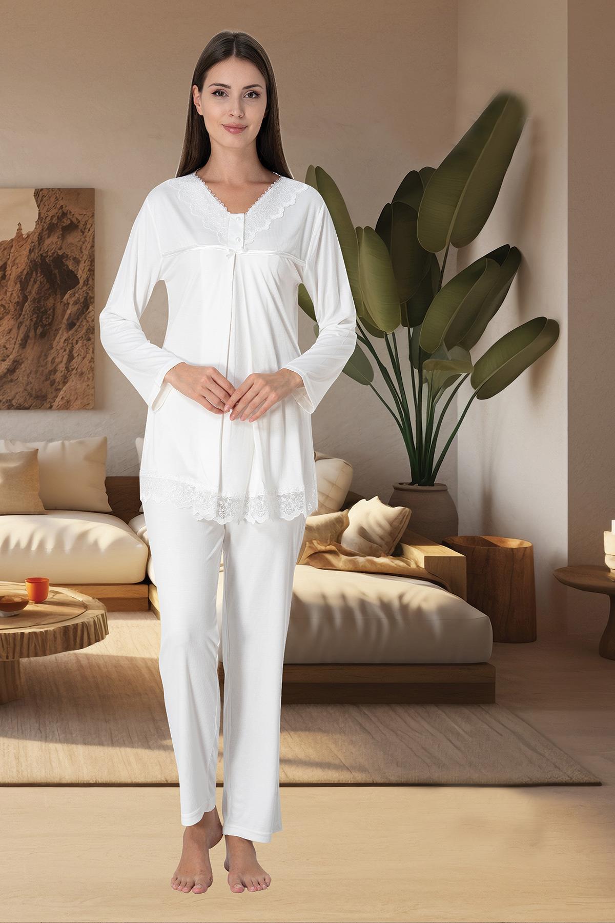 Effortt 4032 Ekru Gizli Emzirme Özellikli Lohusa Pijama Takımı