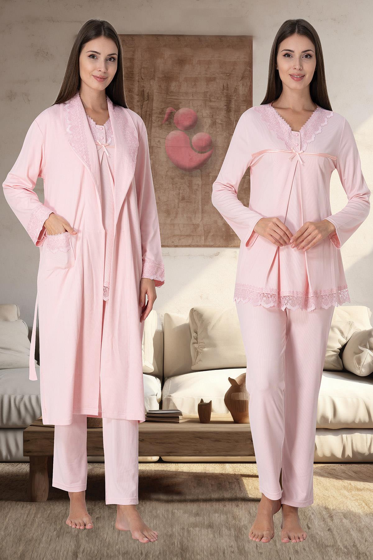Effortt 4034 Pudra Pembe Gizli Emzirme Cepli Sabahlıklı Lohusa Pijama Takımı