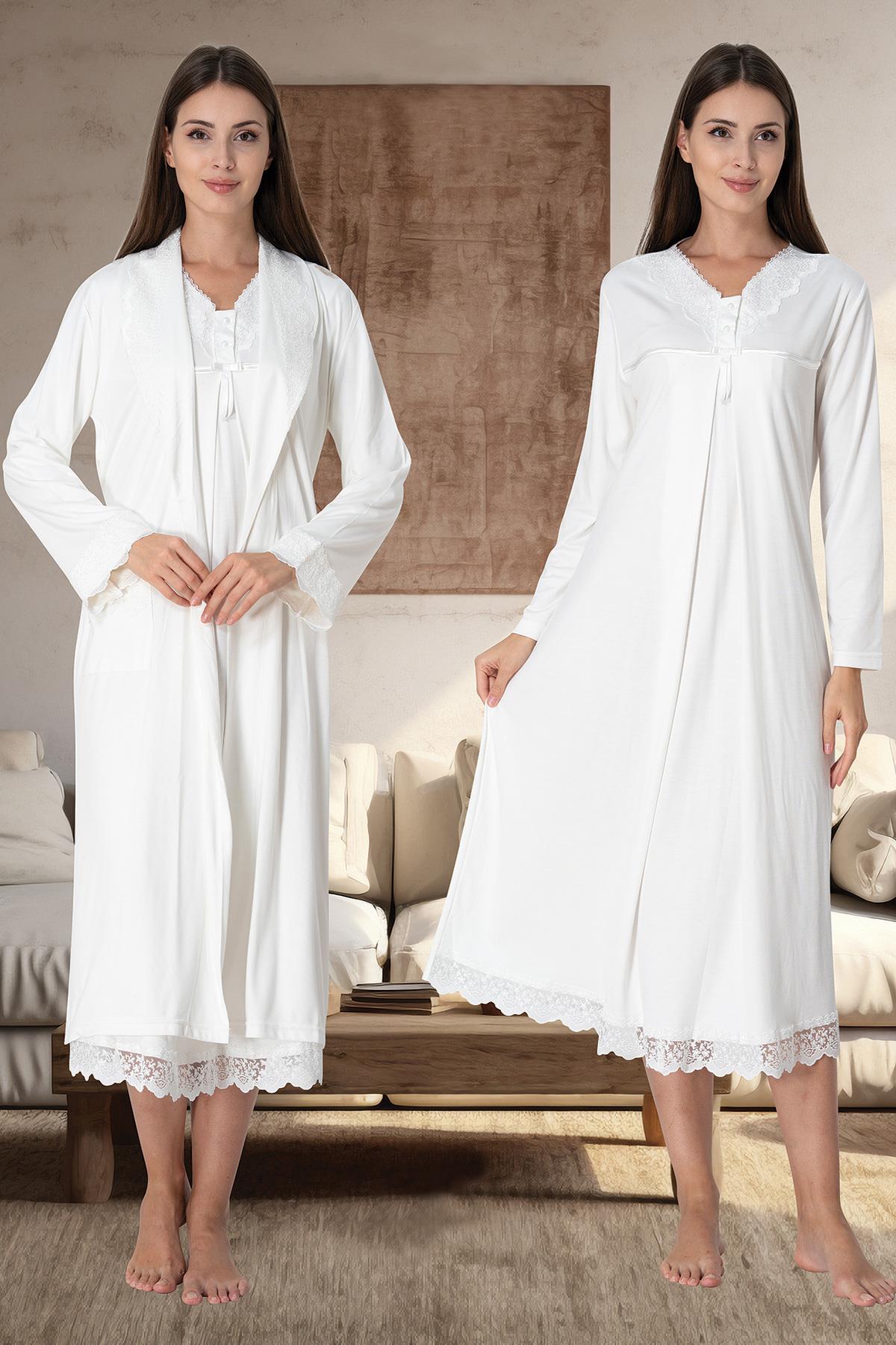 Effortt 4035 Ekru Gizli Emzirme Cepli Sabahlıklı Gecelik Takımı