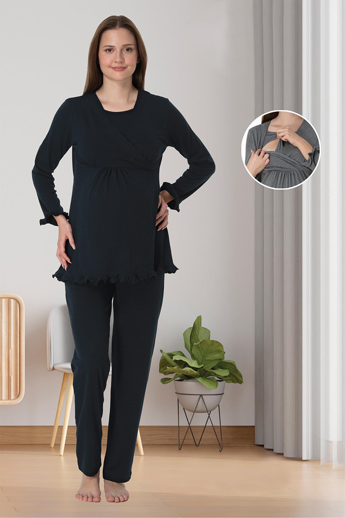 Effortt 4042 Siyah Gizli Emzirme Özellikli Lohusa Pijama Takımı