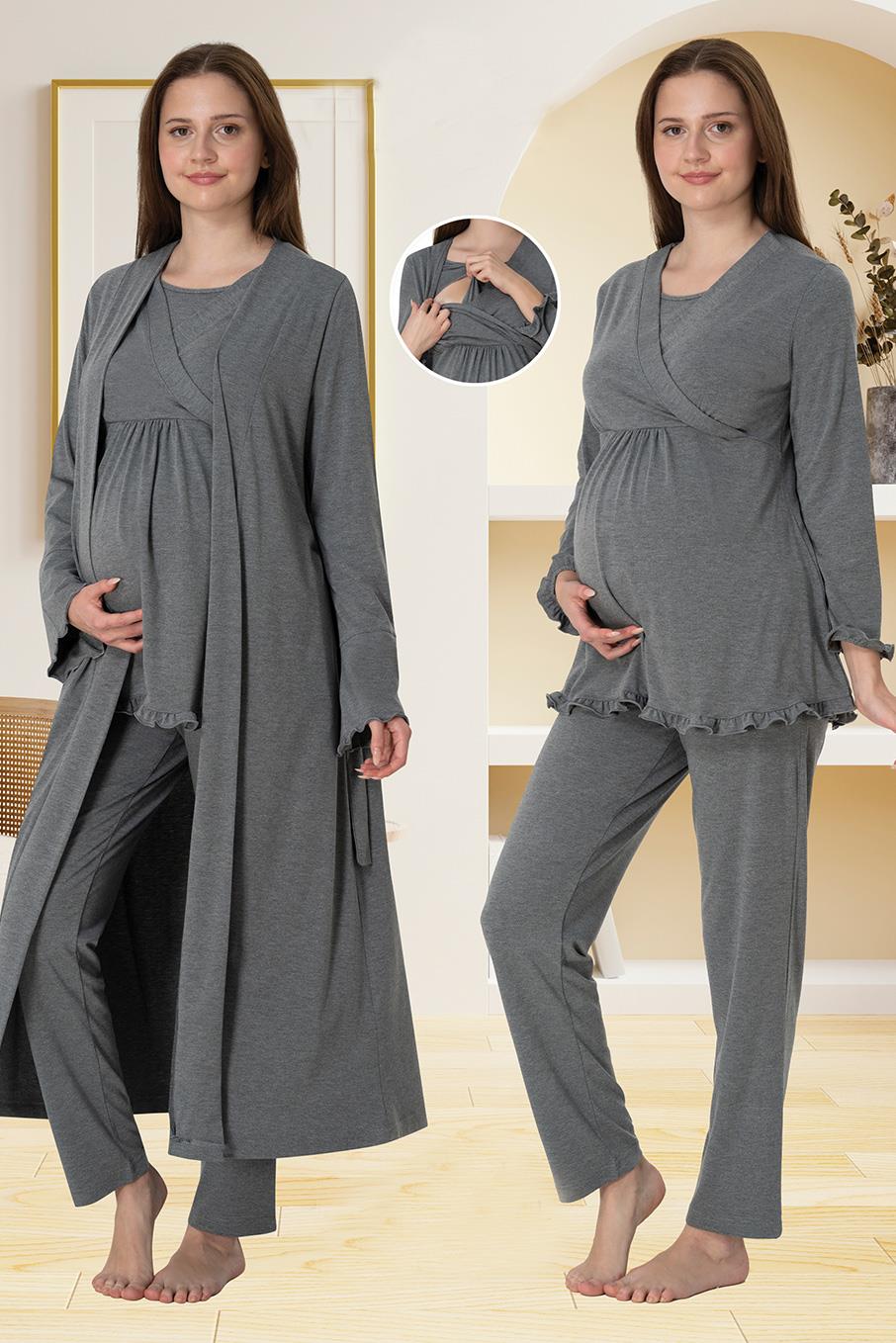 Effortt 4044 Füme Gizli Emzirme Özellikli Sabahlıklı Lohusa Pijama Takımı