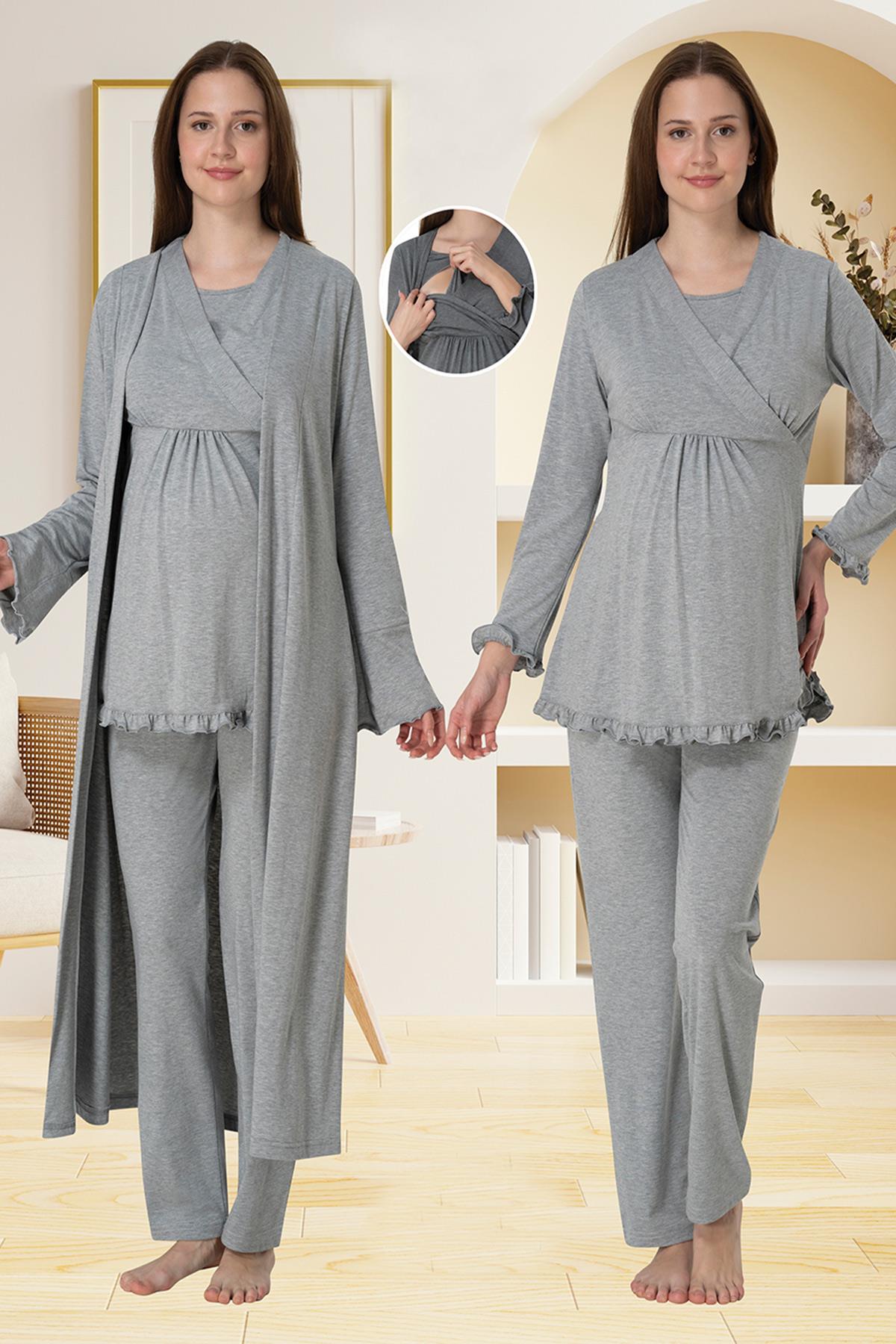 Effortt 4044 Gri Gizli Emzirme Özellikli Sabahlıklı Lohusa Pijama Takımı