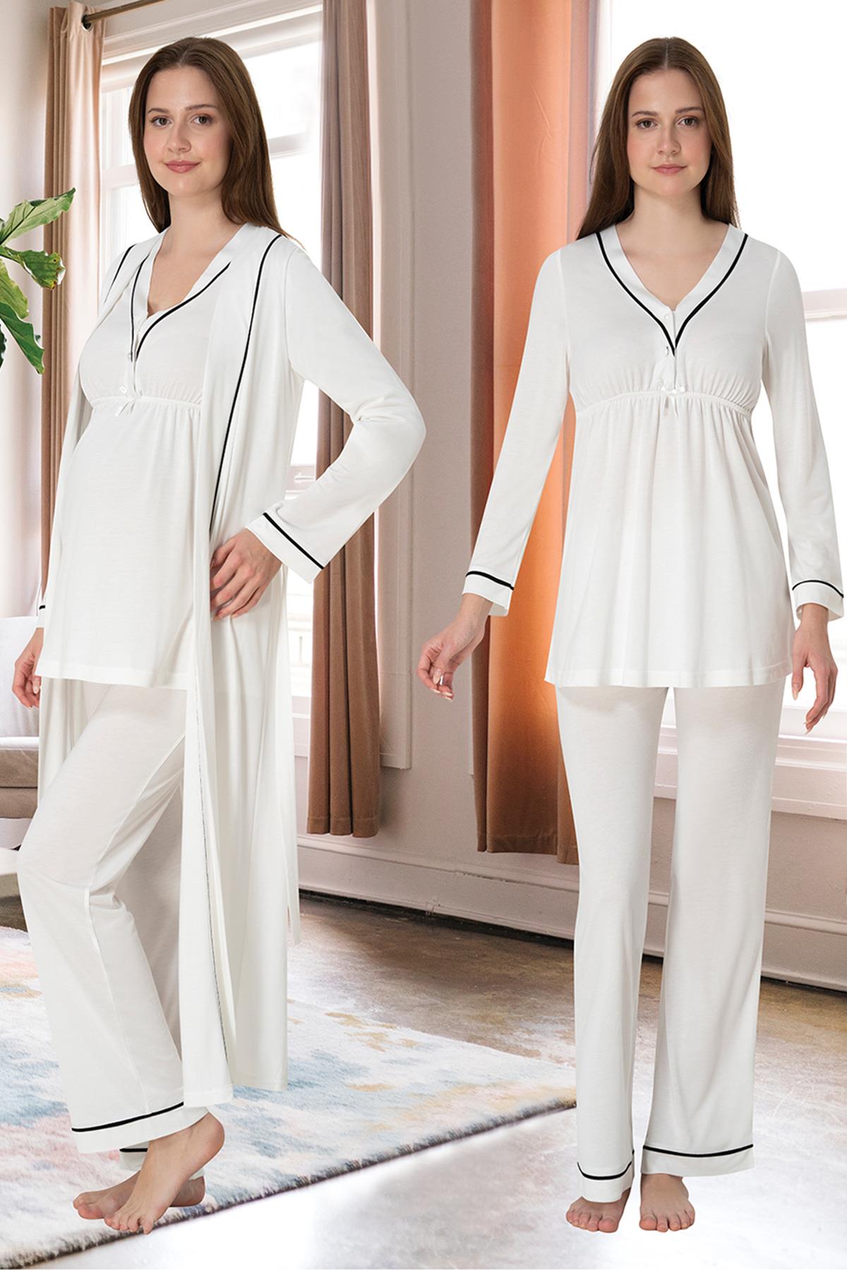 Effortt 4054 Ekru Biye Detaylı Sabahlıklı Lohusa Pijama Takımı