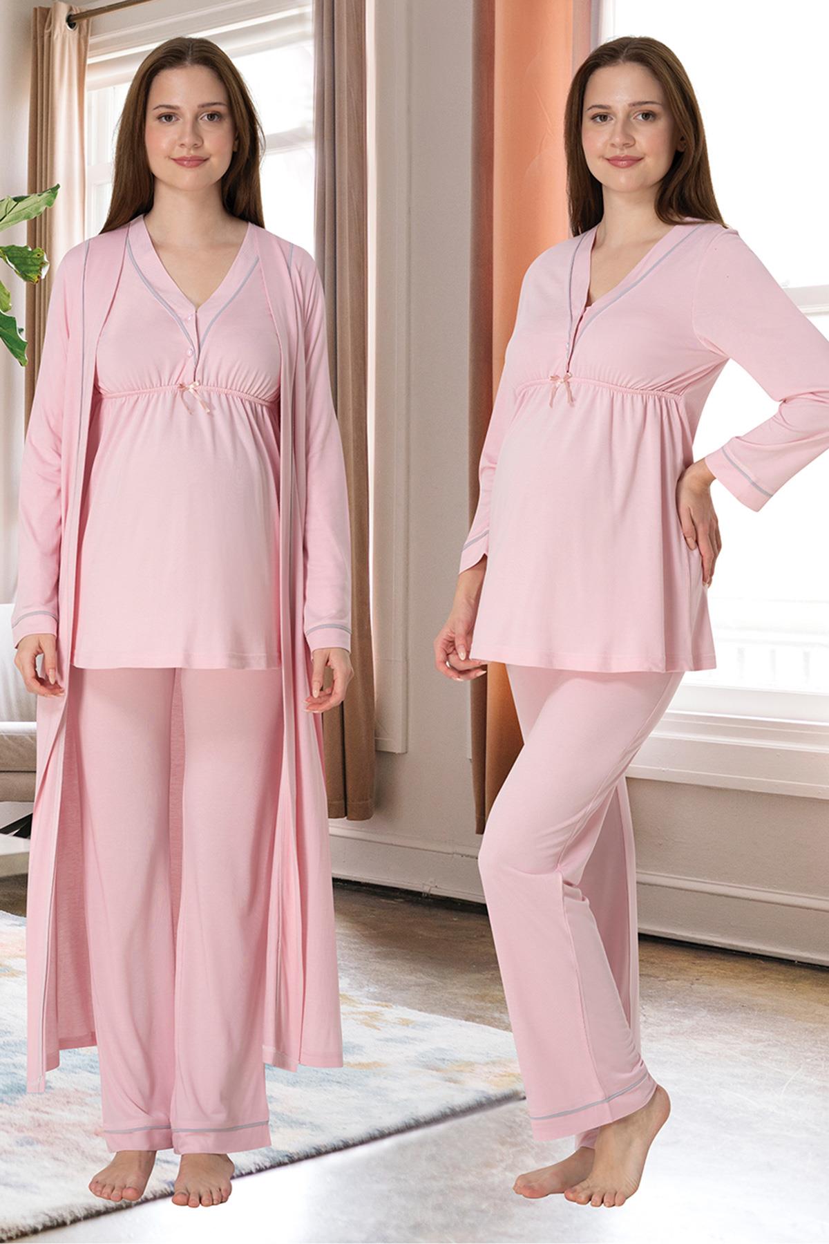 Effortt 4054 Pembe Biye Detaylı Sabahlıklı Lohusa Pijama Takımı