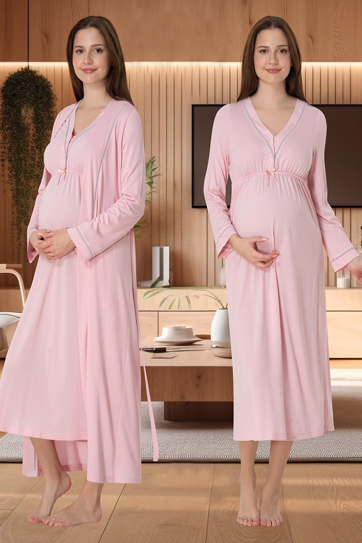 Effortt 4055 Pembe Biye Detaylı Sabahlıklı Lohusa Gecelik Takımı