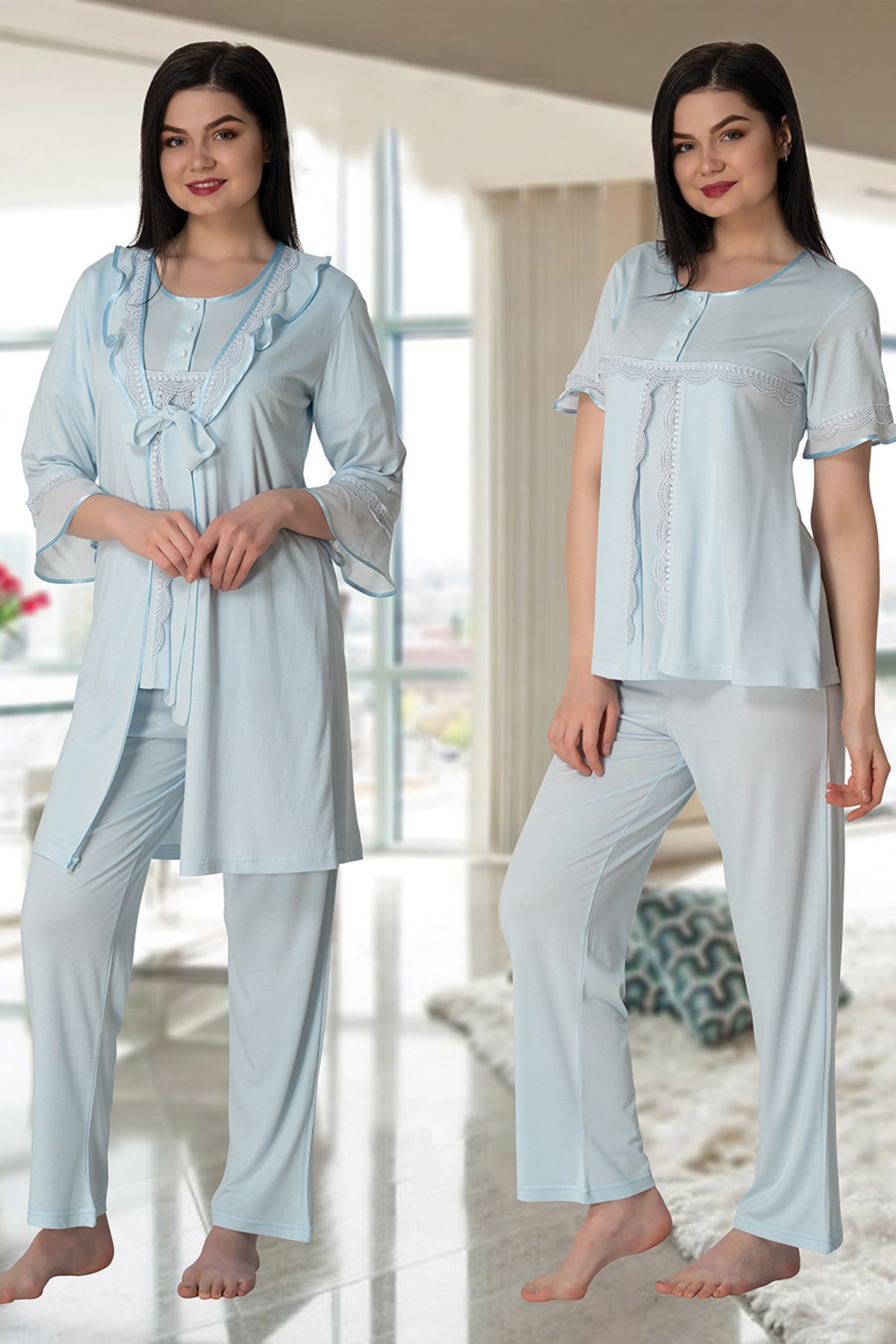 Effortt 5074 Mavi Kolları Volanlı Sabahlıklı Lohusa Pijama Takımı