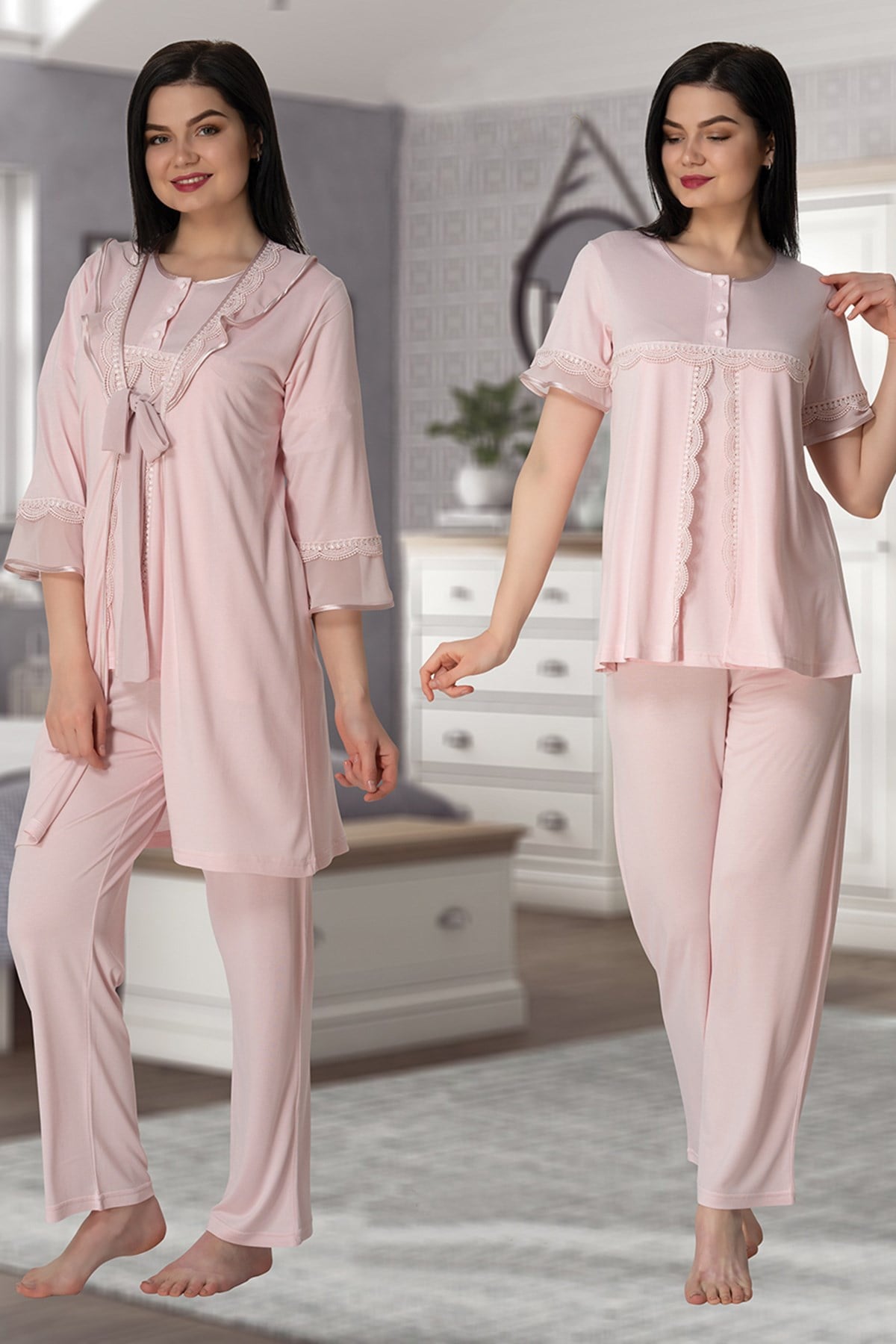 Effortt 4074 Pudra Pembe Mavi Kolları Volanlı Sabahlıklı Lohusa Pijama Takımı