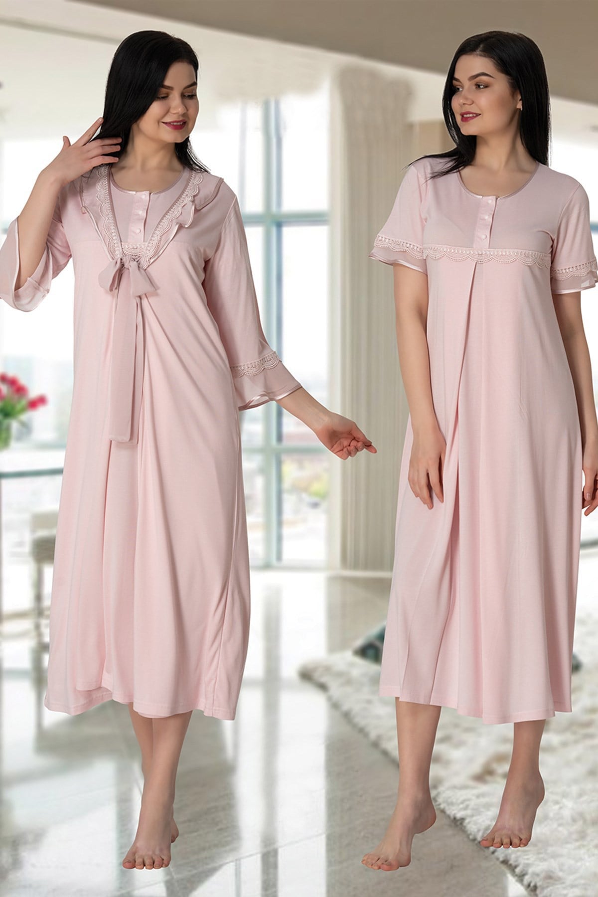 Effortt 4075 Pudra Pembe Kolları Volanlı Sabahlıklı Lohusa Gecelik Takımı
