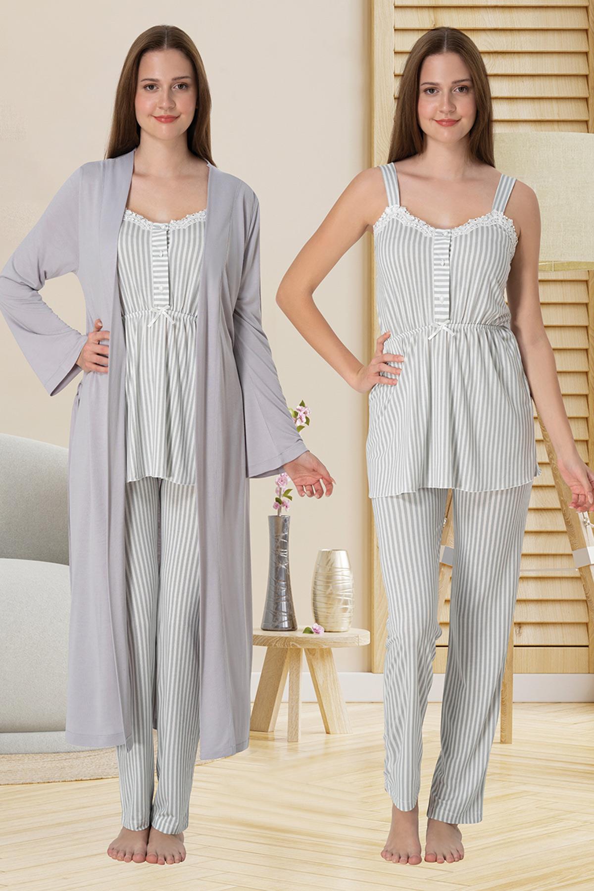 Effortt 4094 Gri Askılı Lohusa Pijama ve Sabahlık Takımı