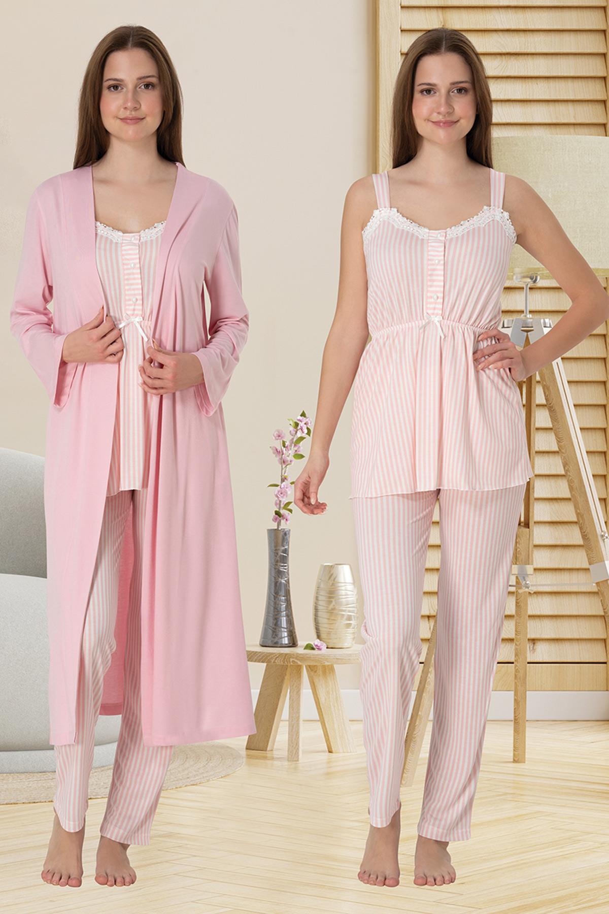 Effortt 4094 Pudra Pembe Askılı Lohusa Pijama ve Sabahlık Takımı