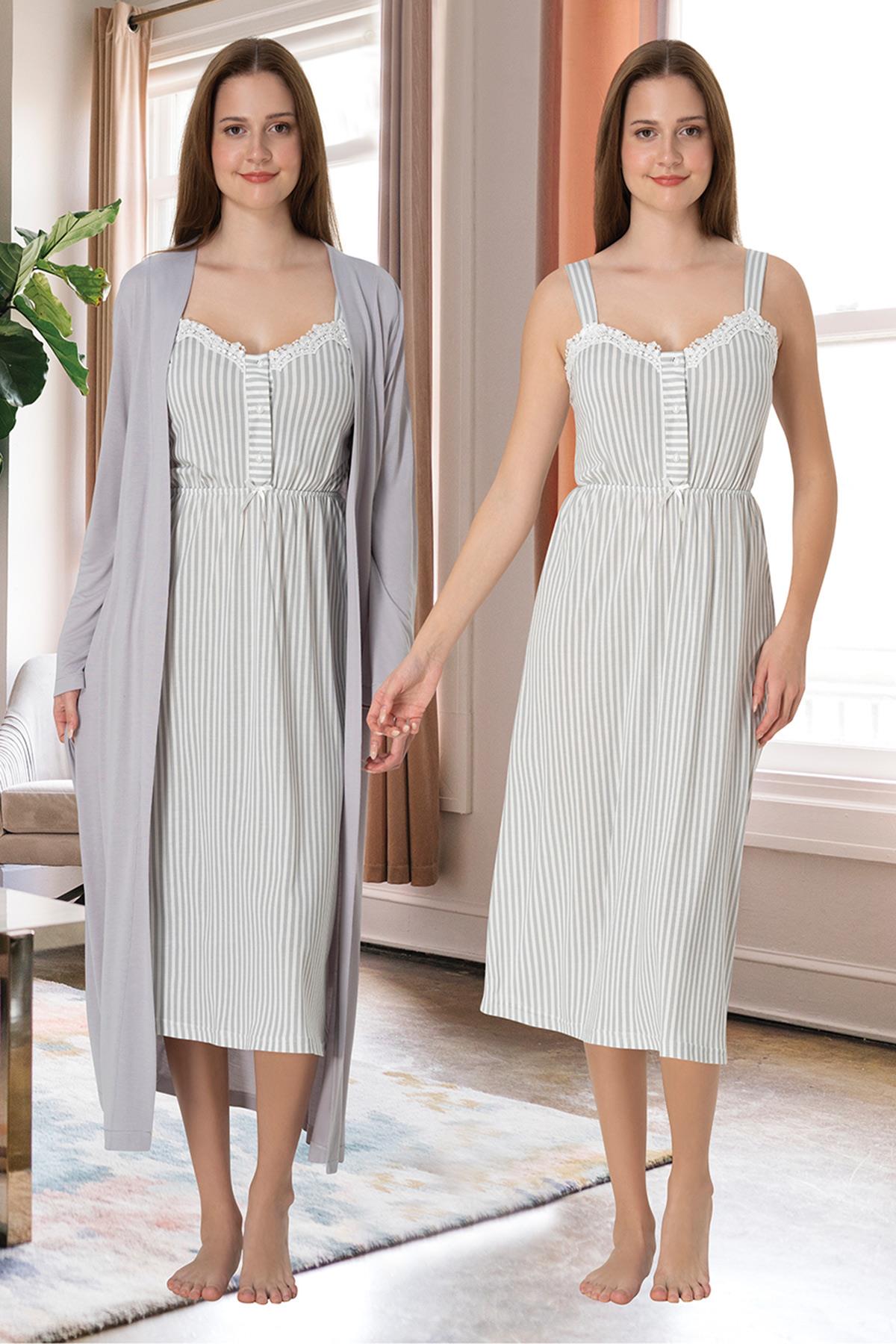 Effortt 4095 Gri Askılı Lohusa Gecelik ve Sabahlık Takımı