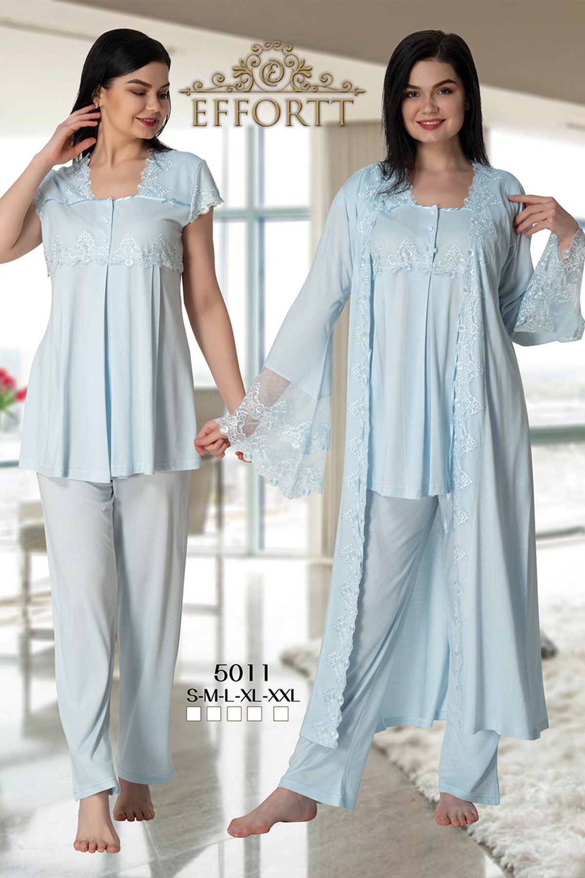 Effortt 5011 Mavi Uzun Prenses Sabahlıklı Lohusa Pijama Takımı - Lohusa  Hamile