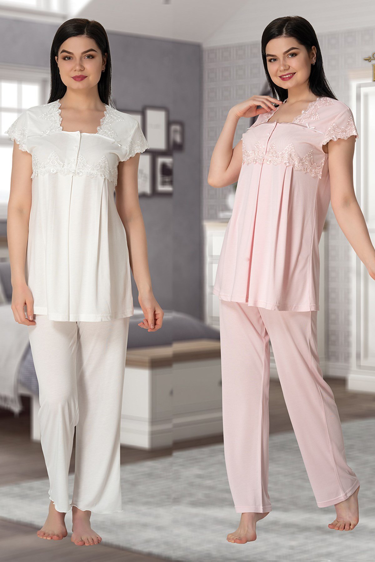 Effortt 5012 Sleeves And Lace Collar Maternity Pajama Sets