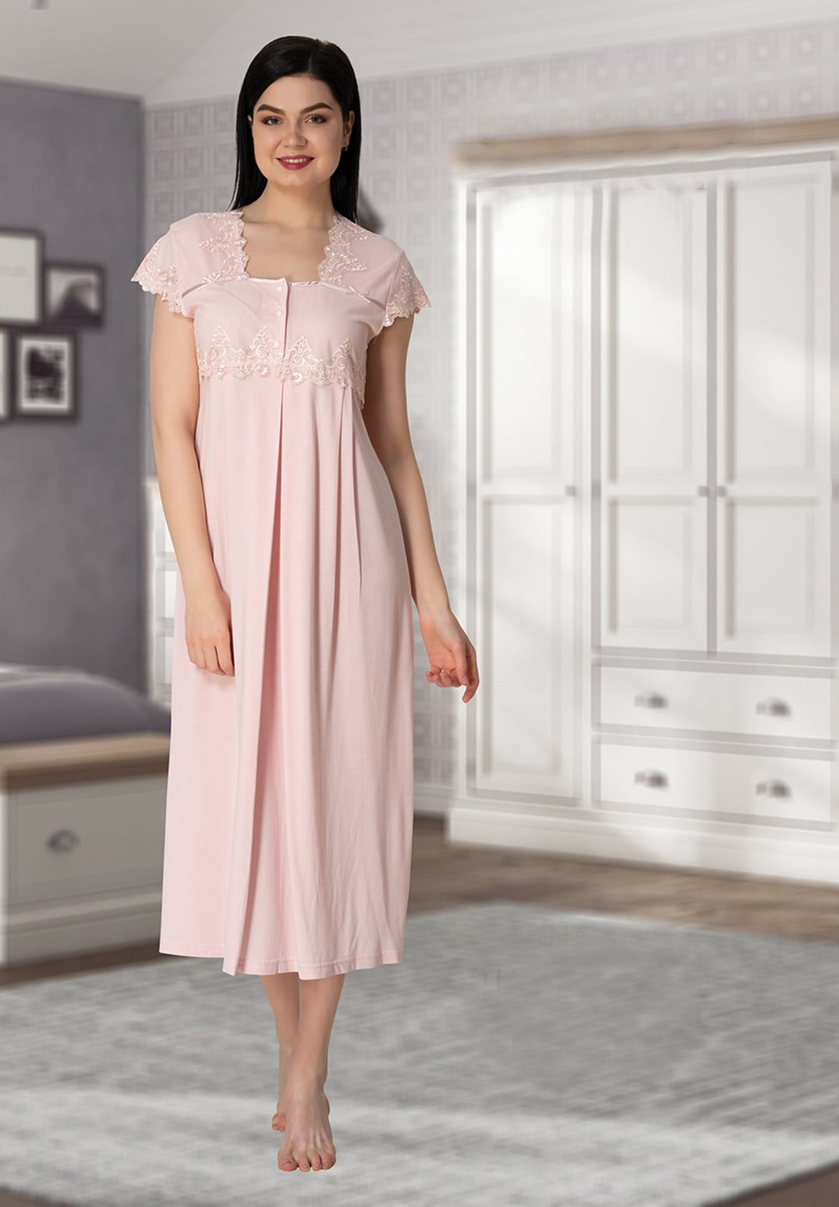 Effortt 5013 Pudra Yakası Dantel Detaylı Lohusa Gecelik Takımı