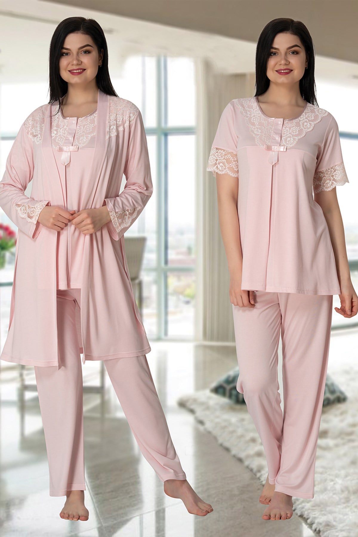 Effortt 5025 Pudra Pembe Yakası Dantelli Sabahlıklı Lohusa Pijama Takımı
