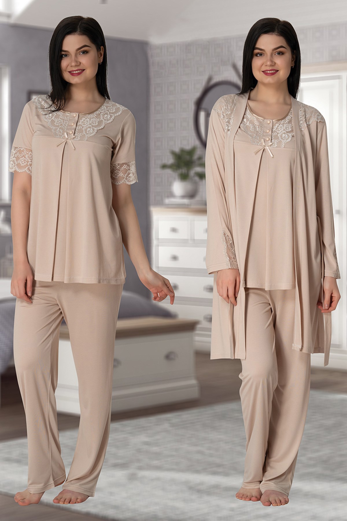 Effortt 5025 Sütlü Kahve Yakası Dantelli Sabahlıklı Lohusa Pijama Takımı