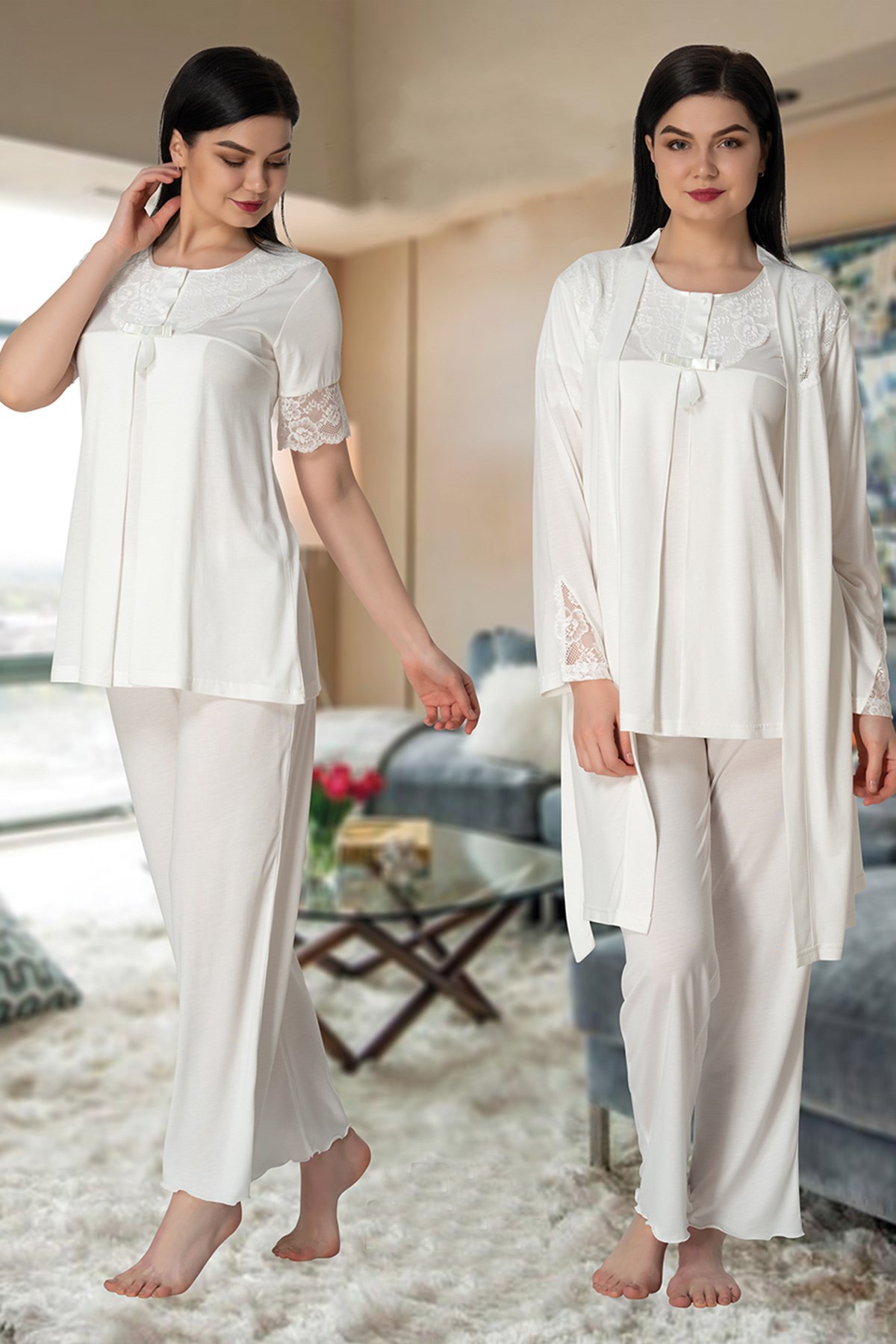Effortt 5025 Yakası Dantelli Sabahlıklı Lohusa Pijama Takımı