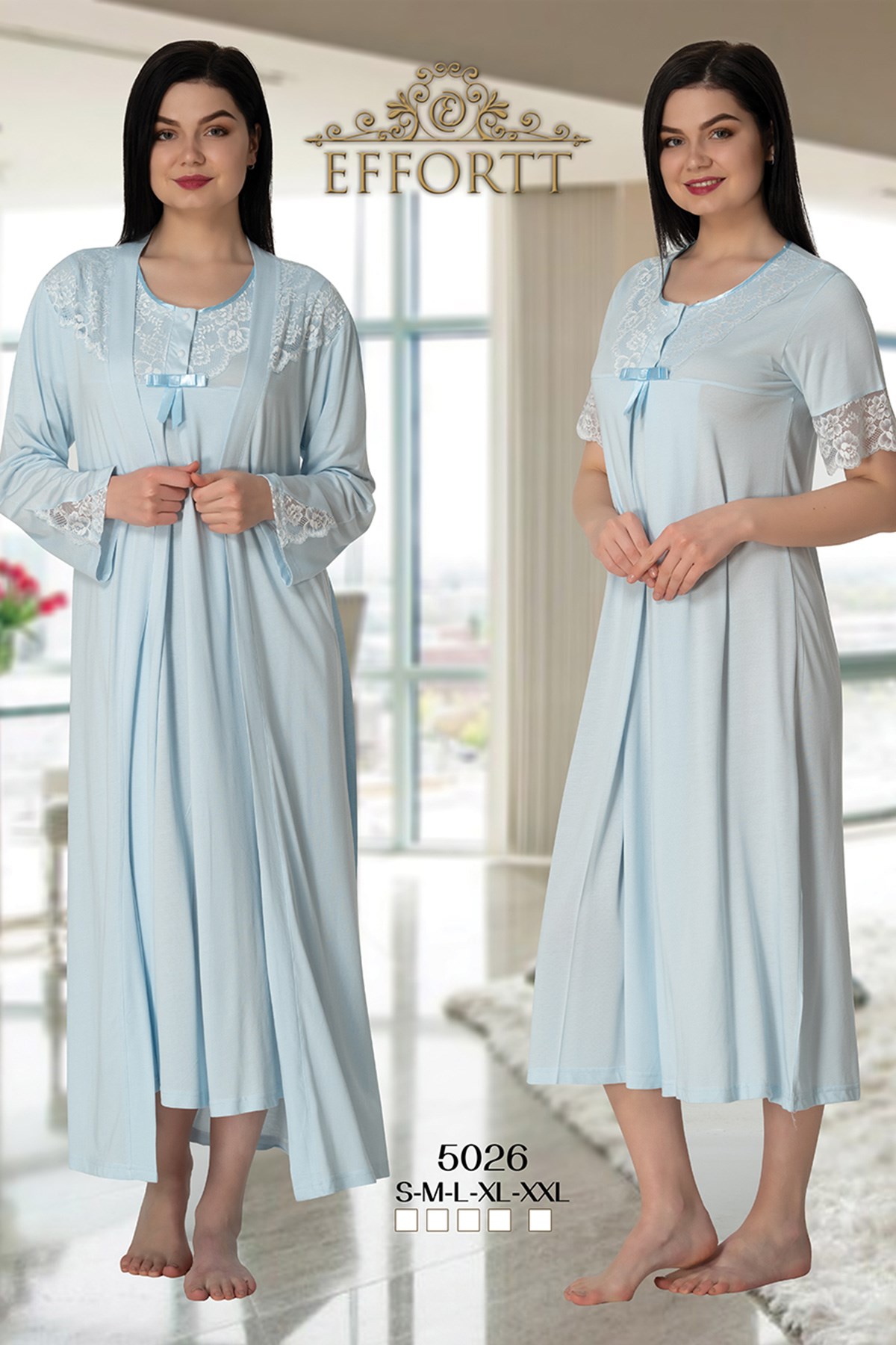 Effortt 5026 Baby Blue Collar And Sleeves Lace Detailed Maternity Nightgown with Robe Set