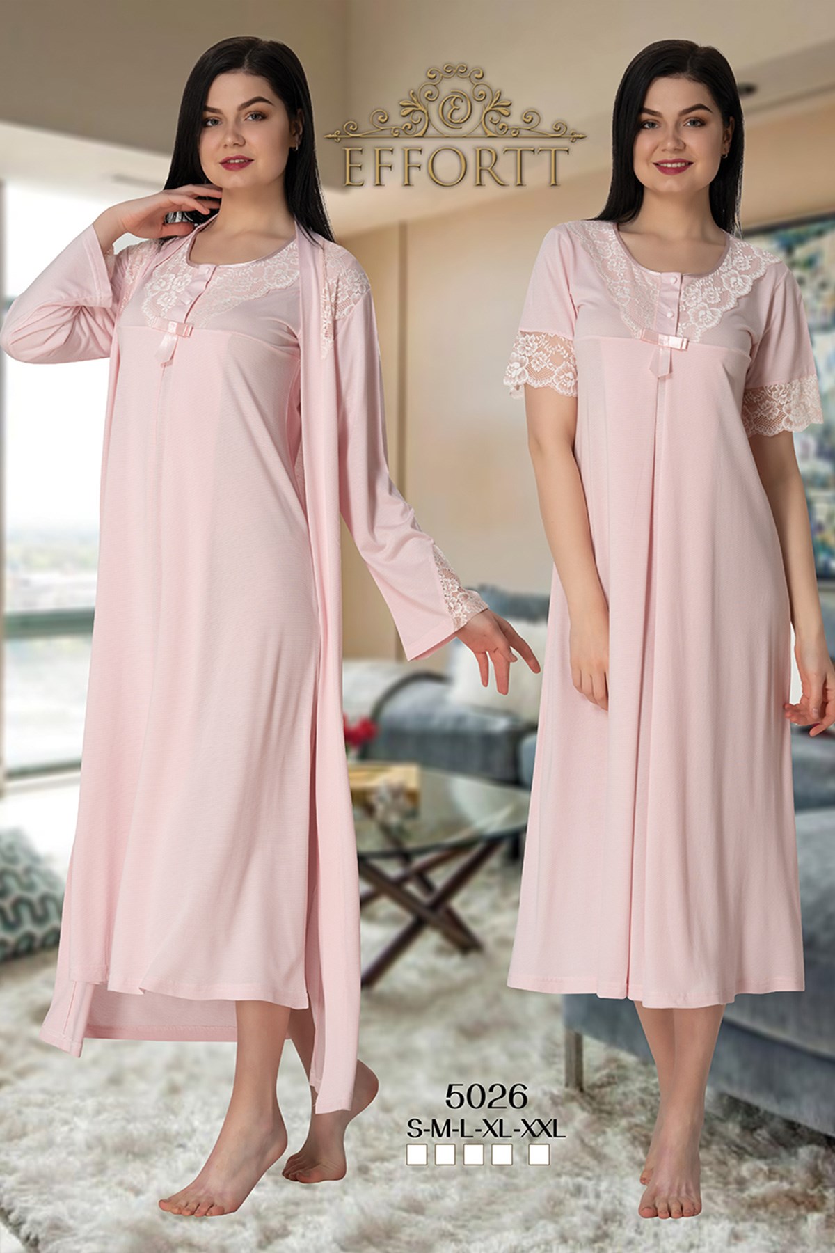 Effortt 5026 Powder Pink Collar And Sleeves Lace Detailed Maternity Nightgown with Robe Set