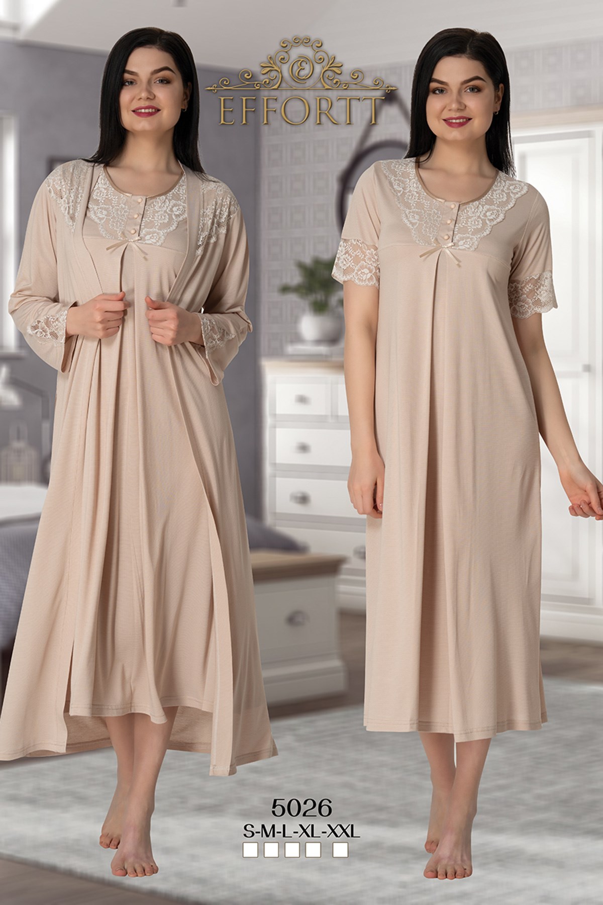 Effortt 5026 Milky Brown Collar And Sleeves Lace Detailed Maternity Nightgown with Robe Set