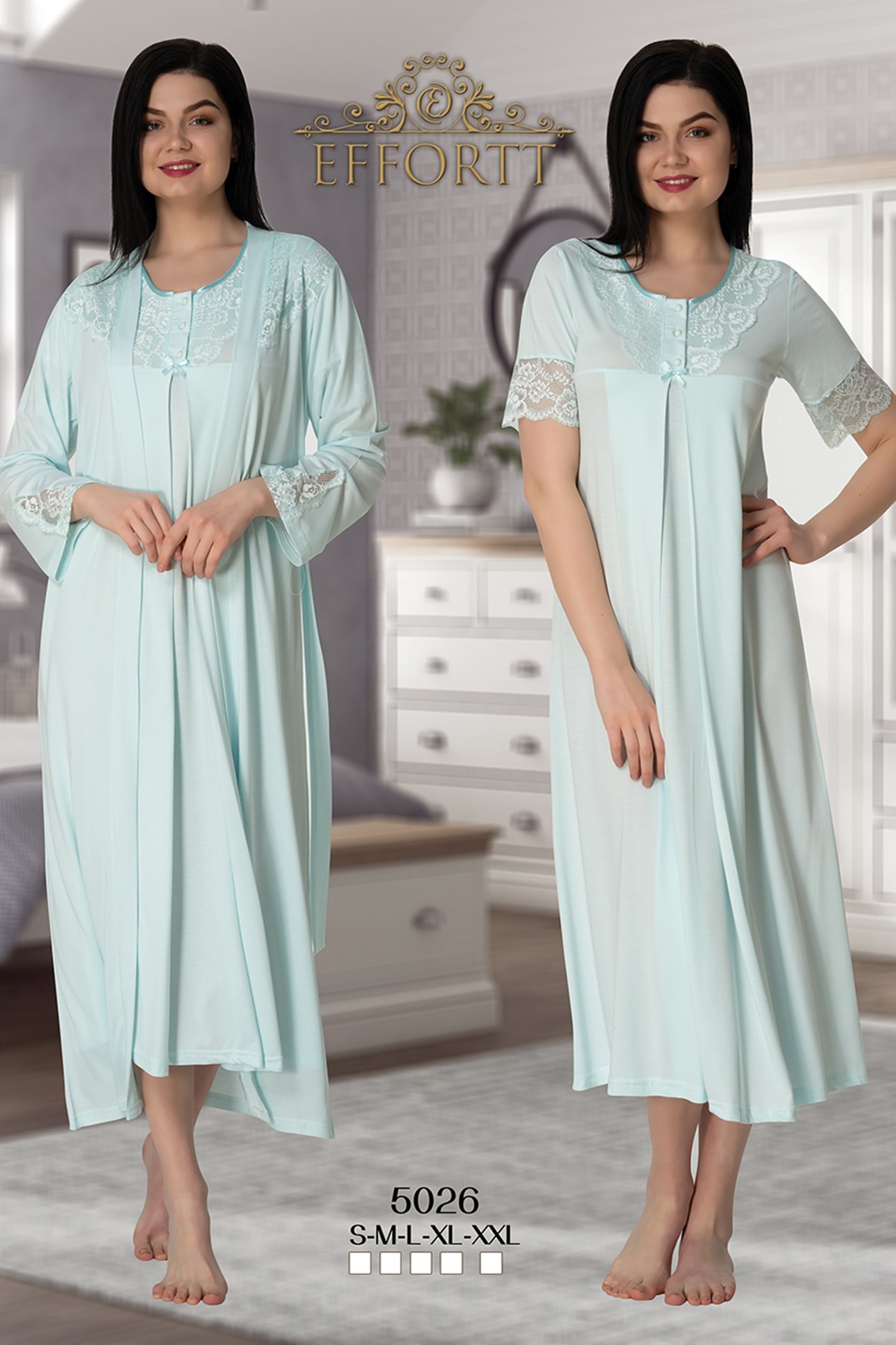 Effortt 5026 Turquoise Collar And Sleeves Lace Detailed Maternity Nightgown with Robe Set