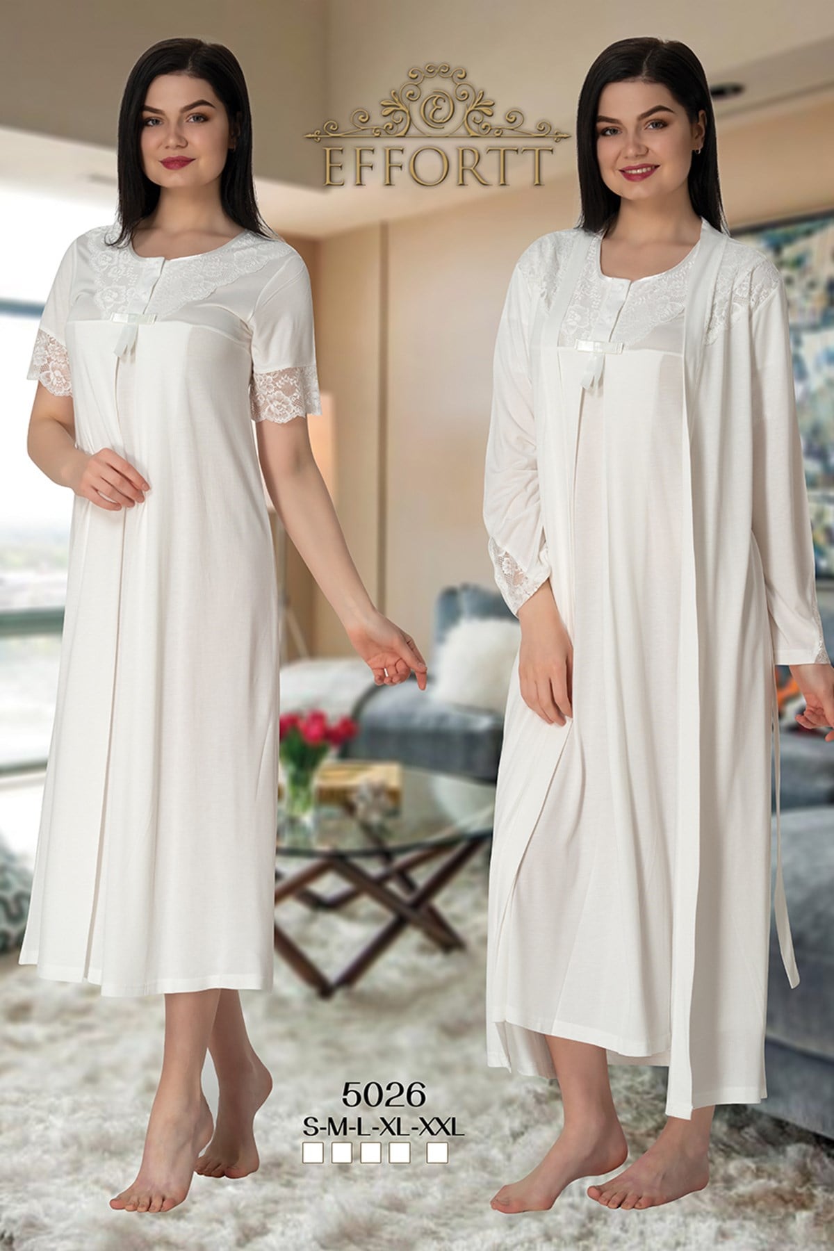 Effortt 5026 Collar And Sleeves Lace Detailed Maternity Nightgown with Robe Set