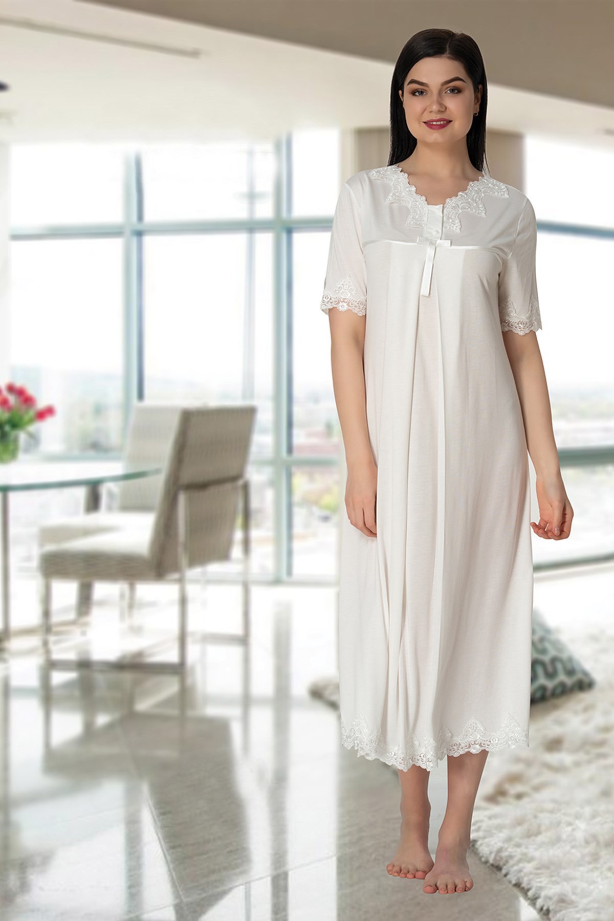 Effortt 5033 Ekru Dantelli Lohusa Gecelik Takımı