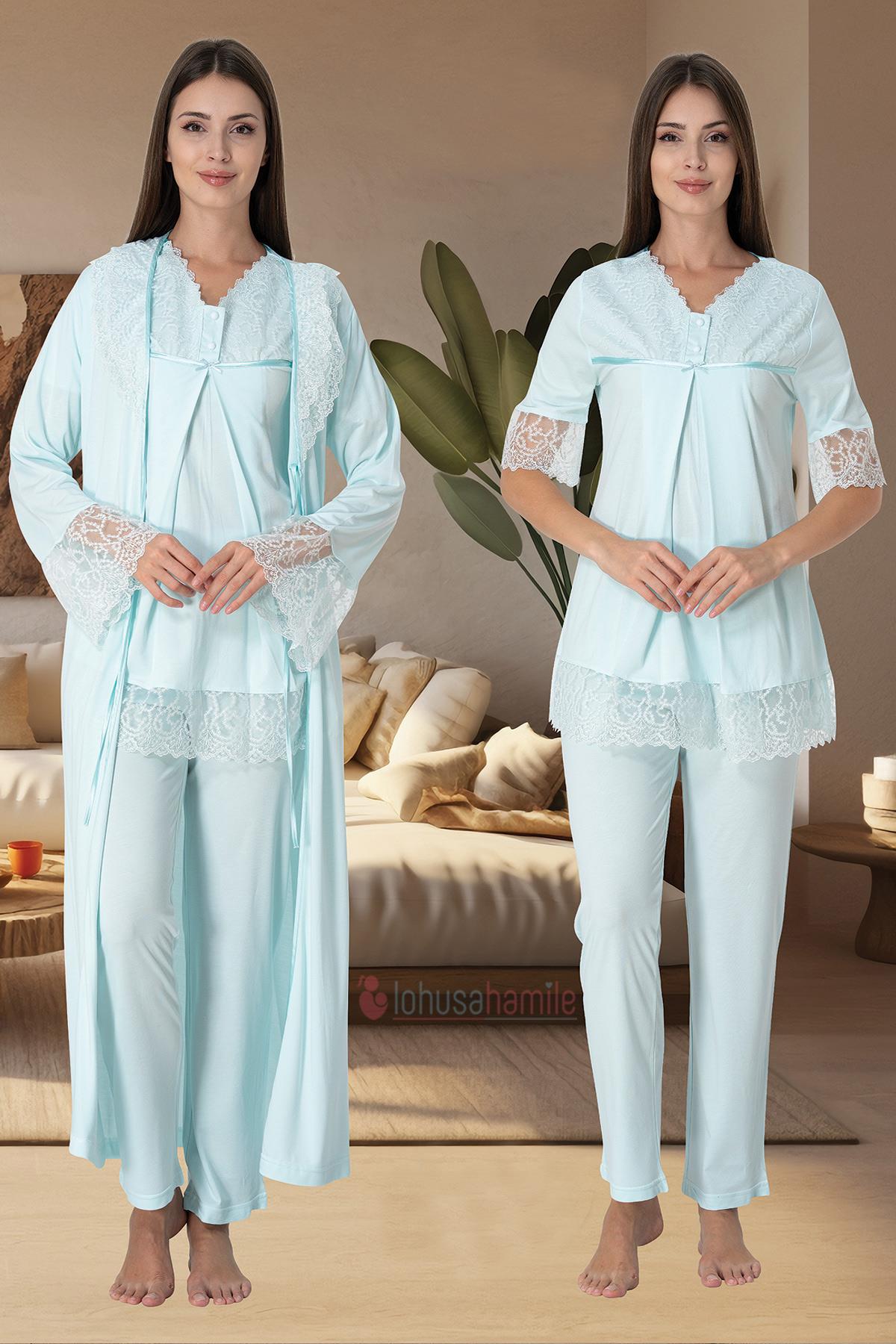 Effortt 5044 Turkuaz Kolları Güpürlü Sabahlıklı Lohusa Pijama Takımı