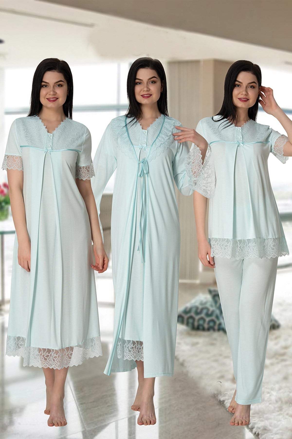 Effortt 5046 Turkuaz Güpür Sabahlıklı Lohusa Hamile 4'lü Set