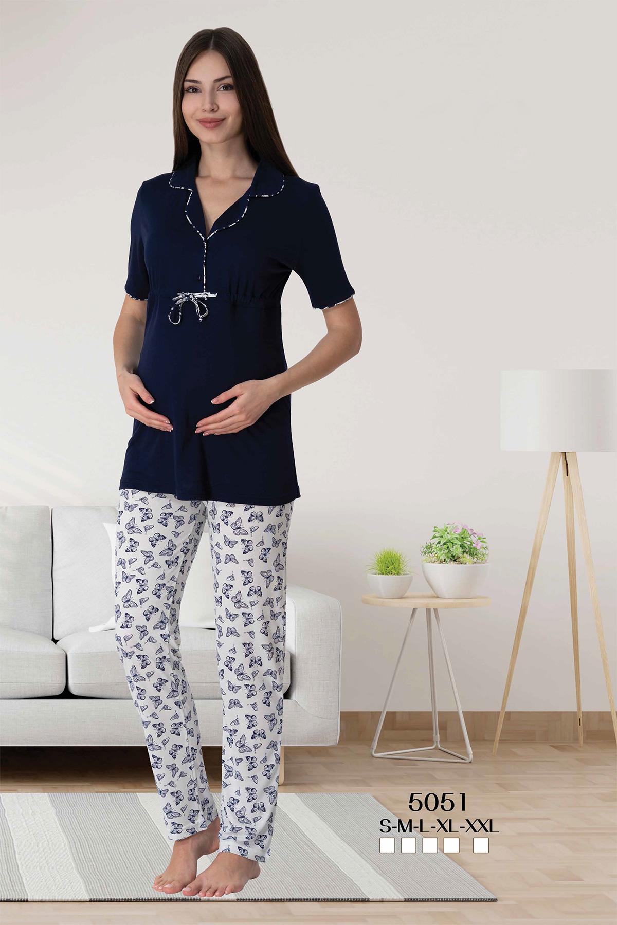 Effortt 5051 Lacivert Kolay Emzirme Özellikli Lohusa Pijama Takımı