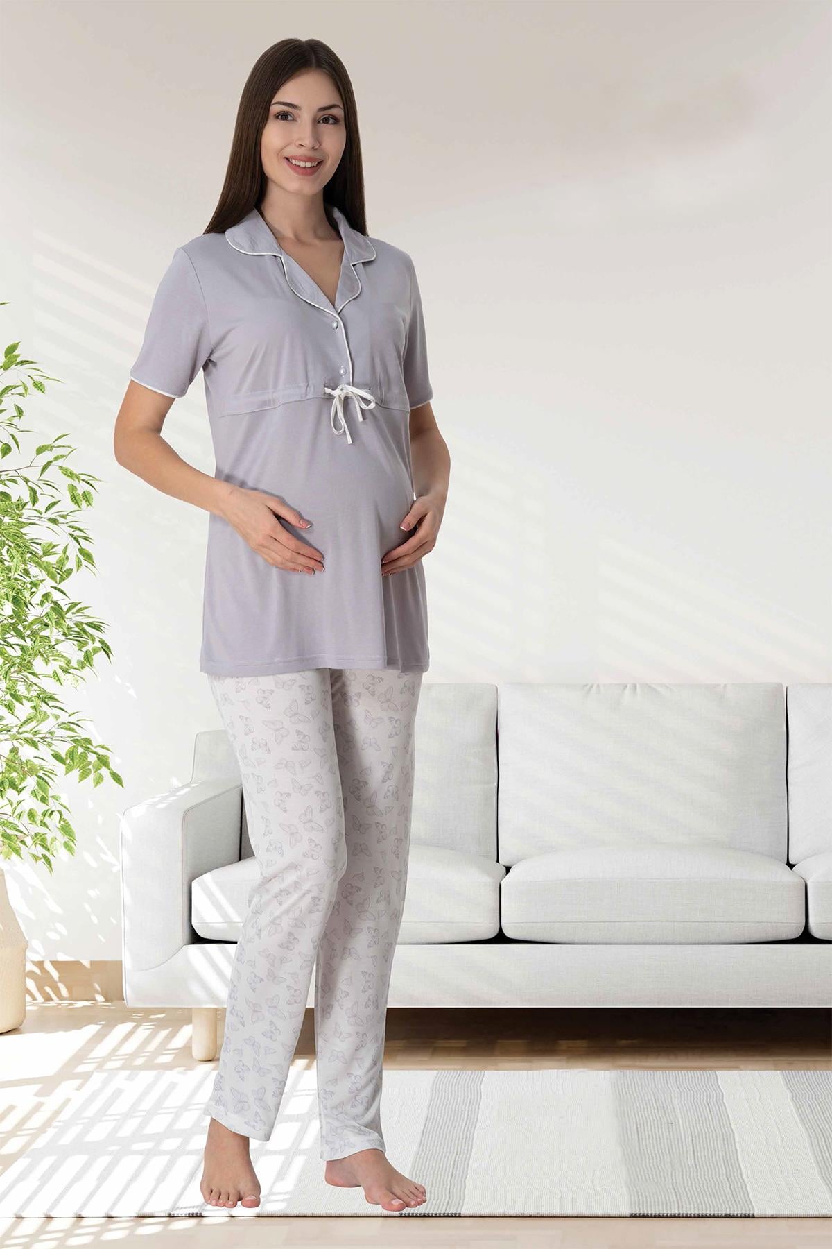 Effortt 5052 Gri Kolay Emzirme Özellikli Lohusa Pijama Takımı