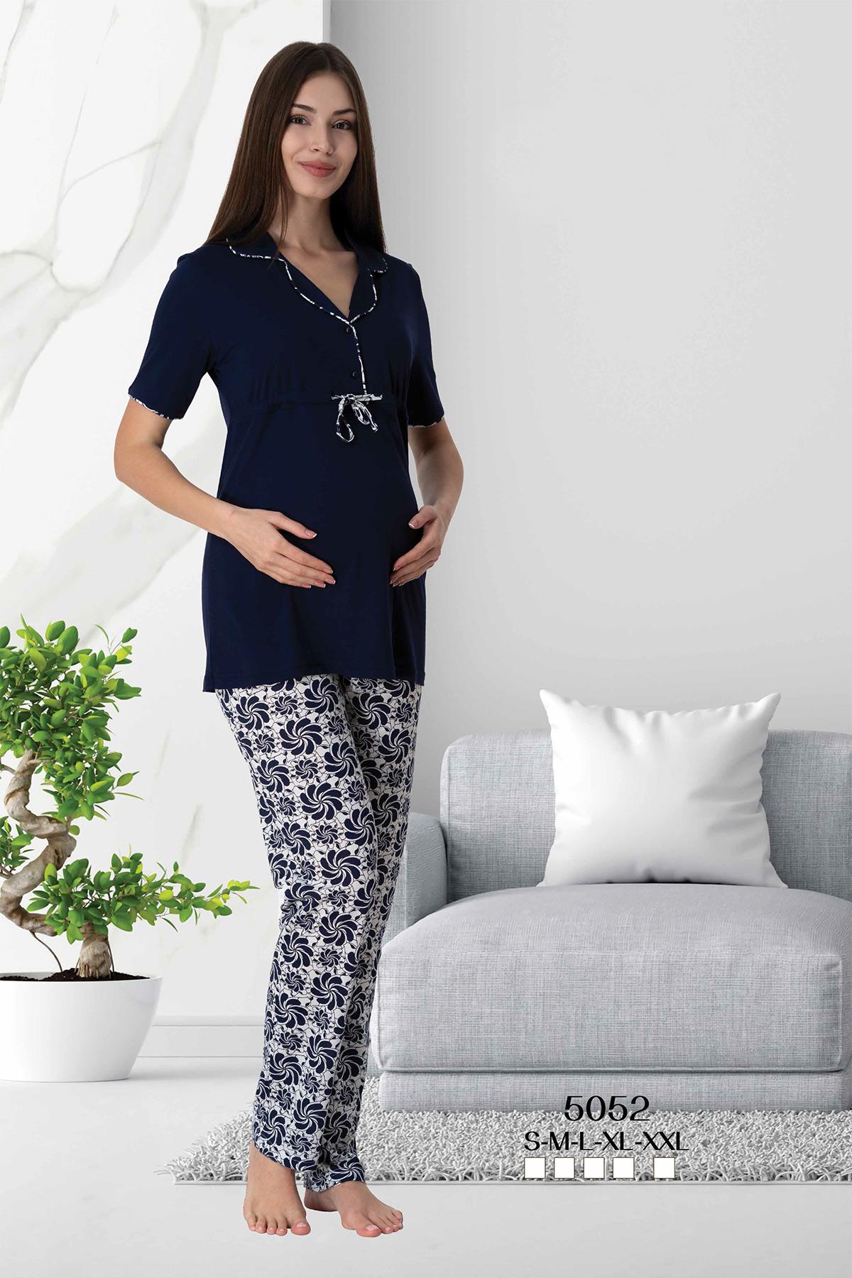 Effortt 5052 Lacivert Kolay Emzirme Özellikli Lohusa Pijama Takımı
