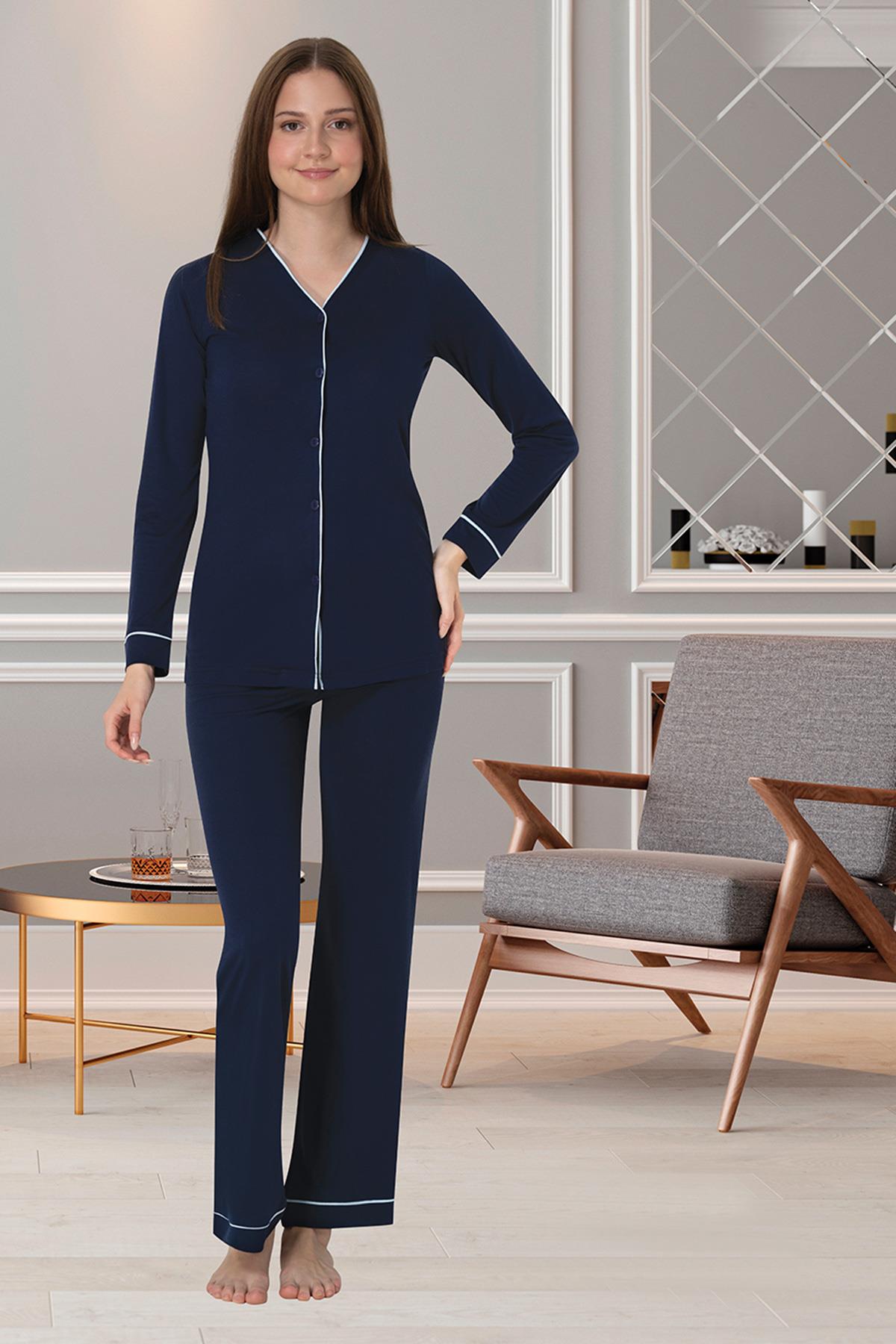 Effortt 5072 Lacivert Önden Düğmeli Lohusa Pijama Takımı