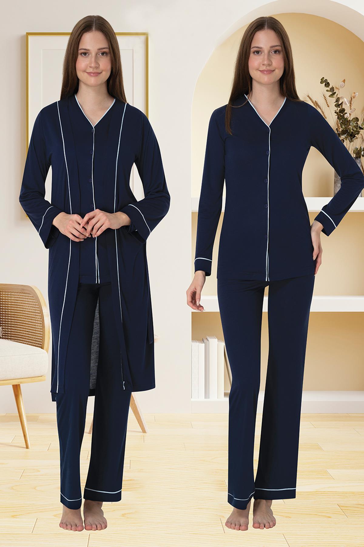 Effortt 5074 Lacivert Düğmeli Sabahlıklı Lohusa Pijama Takımı