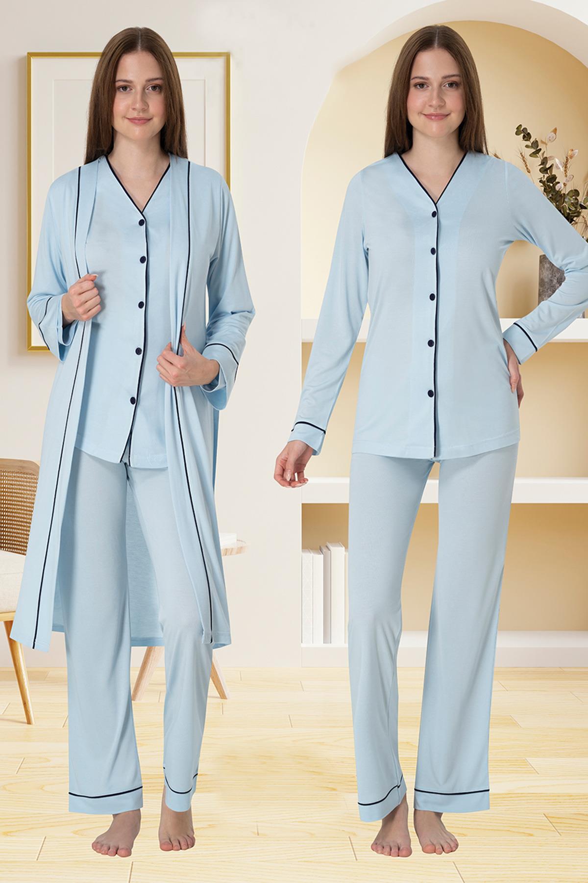 Effortt 5074 Mavi Düğmeli Sabahlıklı Lohusa Pijama Takımı