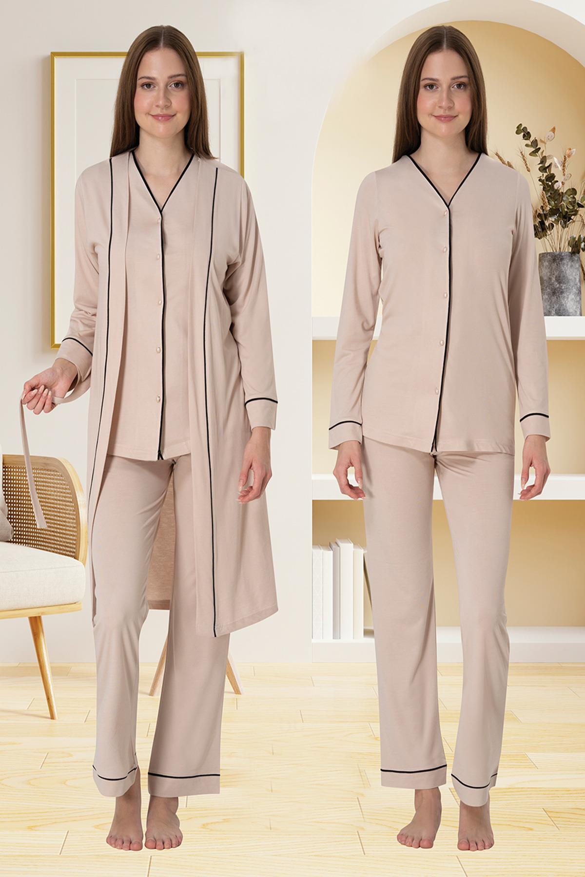 Effortt 5074 Sütlü Kahve Düğmeli Sabahlıklı Lohusa Pijama Takımı
