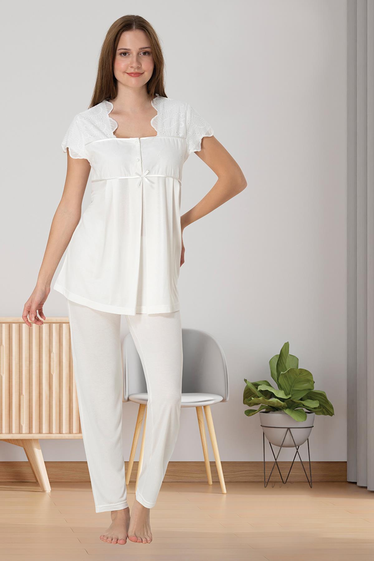 Effortt 5082 Ekru Fisto Yaka Kısa Kol Lohusa Pijama Takımı