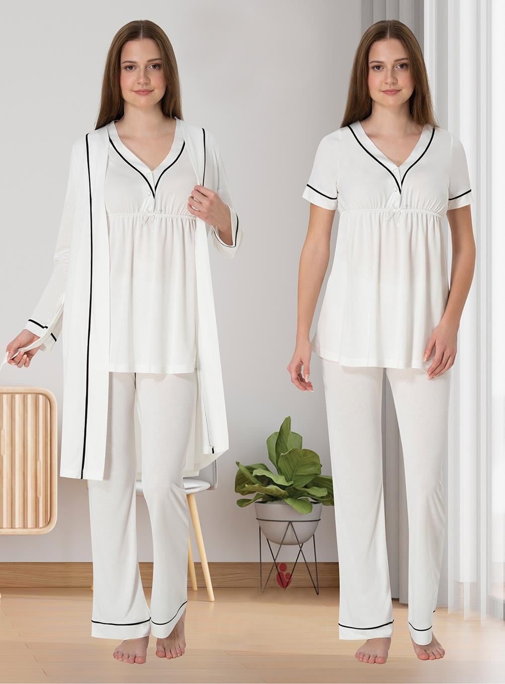 Effortt 5094 Ekru Biye Detaylı Sabahlıklı Lohusa Pijama Takımı