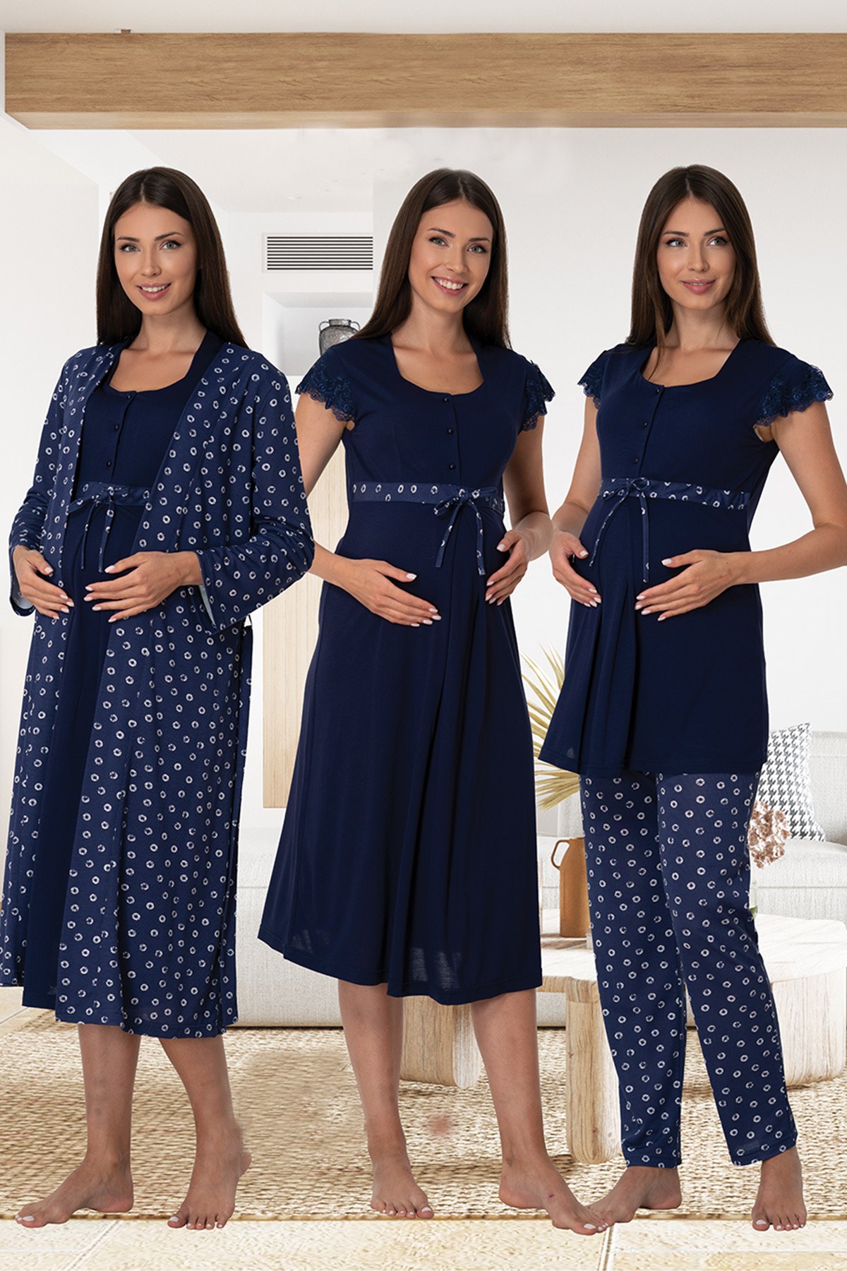 Effortt 6016 Lacivert Dantel Detaylı Hamile Lohusa 4lü Set