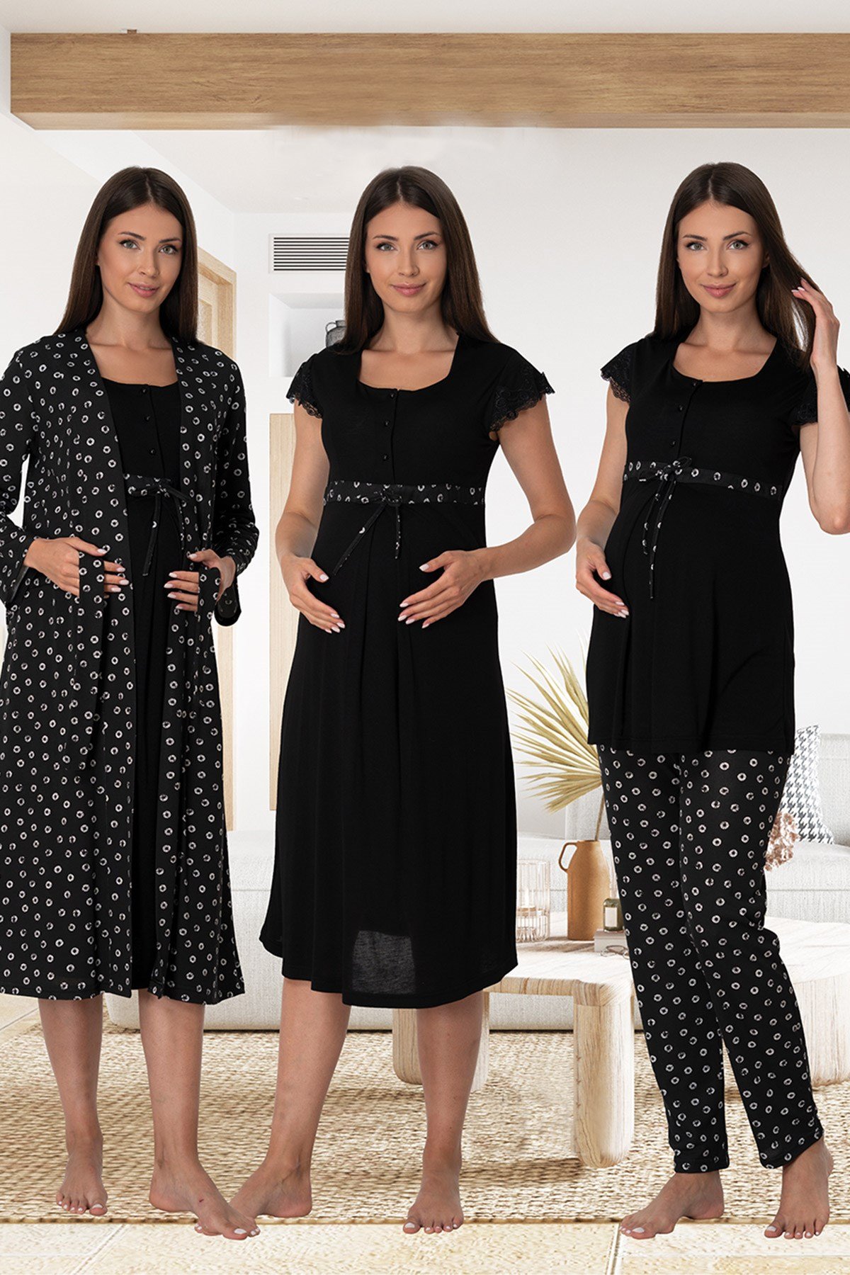 Effortt 6016 Siyah Dantel Detaylı Hamile Lohusa 4lü Set