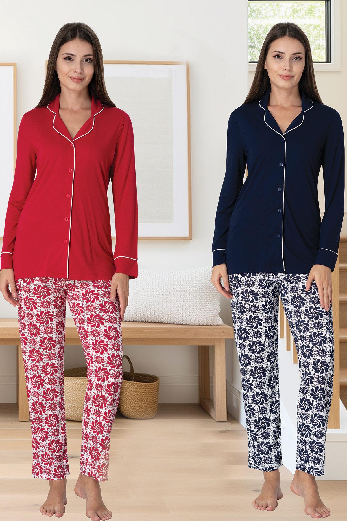 Effortt 6017 Vişne-Lacivert Önden Düğmeli Lohusa Pijama Takımı